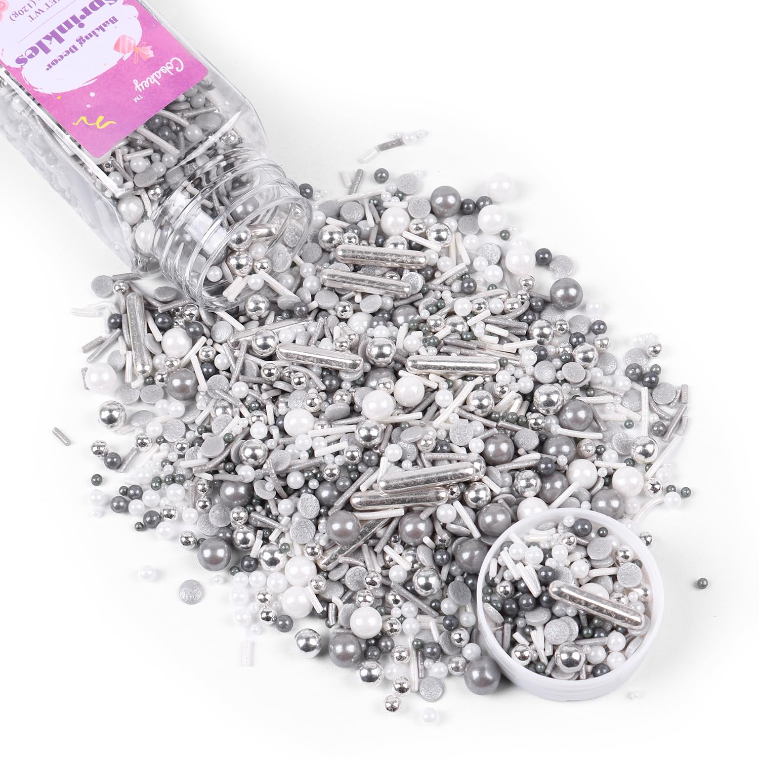 Cobakey Cake Decorating Sprinkles - Metallic & Pearl Mix, 4.23oz, Gray & Silver, Perfect for Cupcakes, Cookies, and Ice Cream