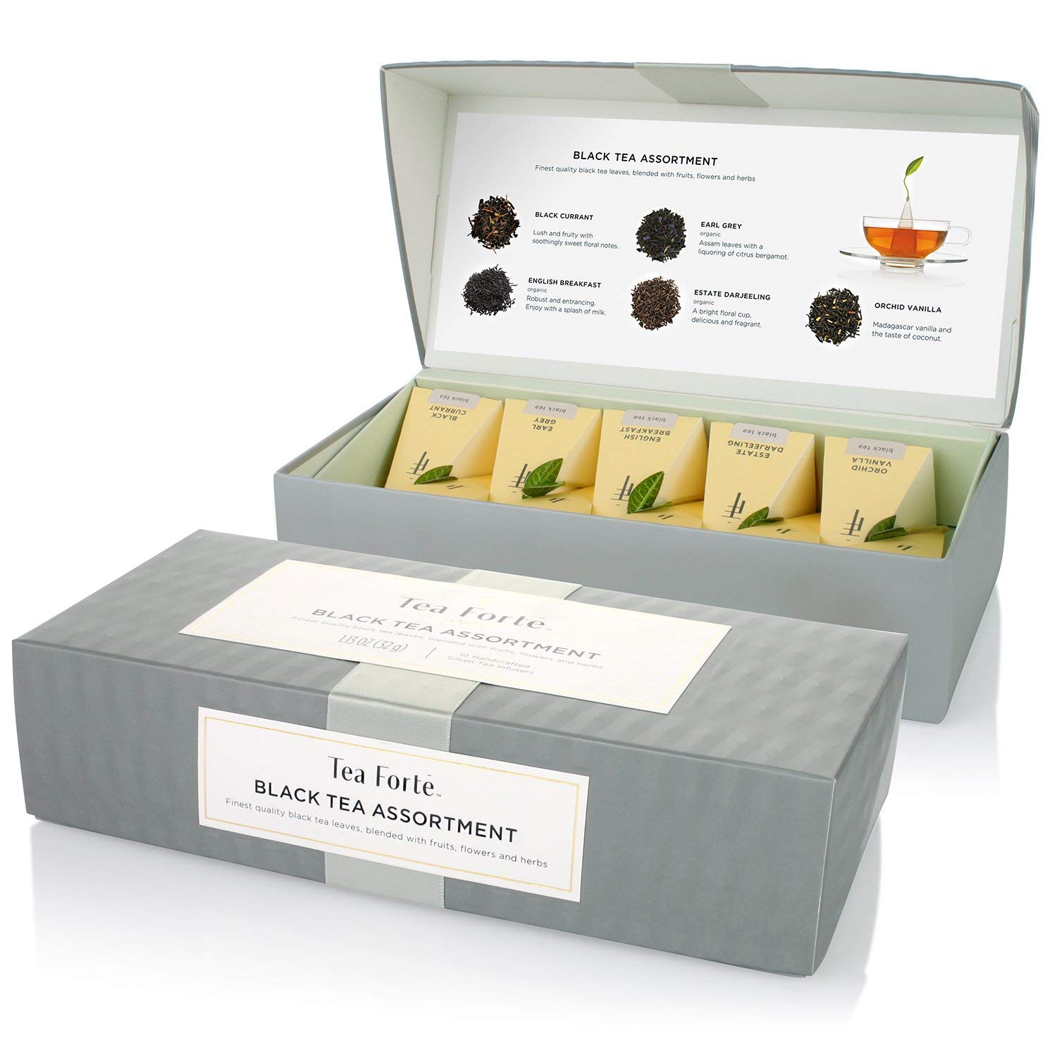 Tea Forte Assorted Black Tea Gift Set, 10 Count Sampler, Handcrafted Pyramid Infuser Bags, Individually Wrapped