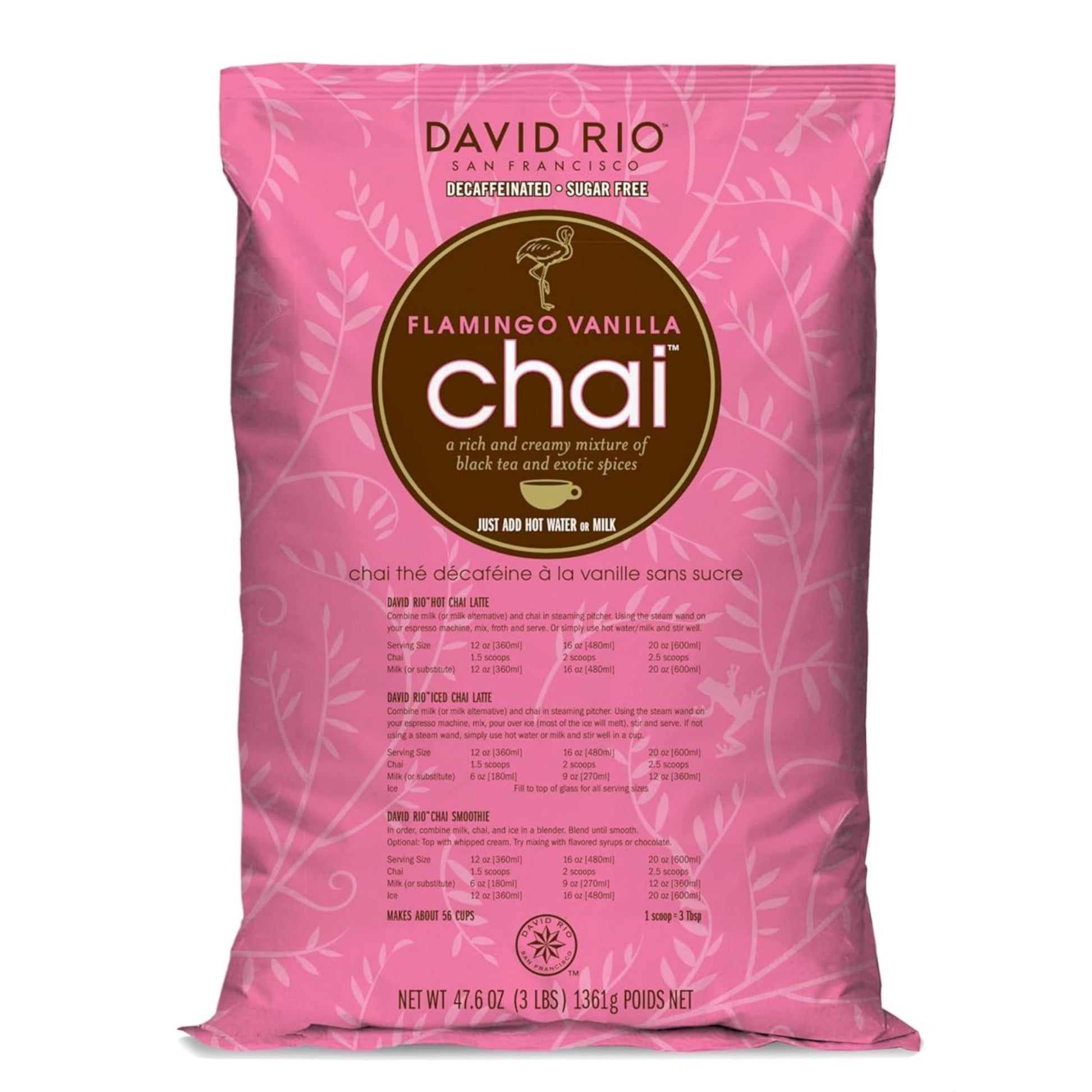 Flamingo Vanilla Decaffeinated Reduced Calorie Chai Tea Latte Mix  48 Oz  Decaf Black Tea  Organic Spices  Sugar Free  Dairy Free  Serve Hot Or Cold  Just Add Water Or Milk  56 Servings