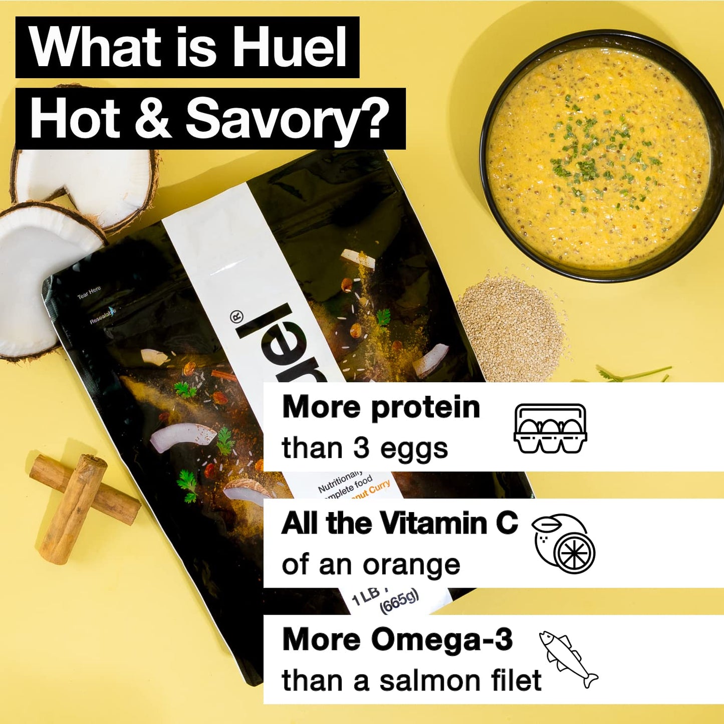 Huel Hot and Savory Meal Replacement, Yellow Coconut Curry, 14 Scoops, 1.47 lb