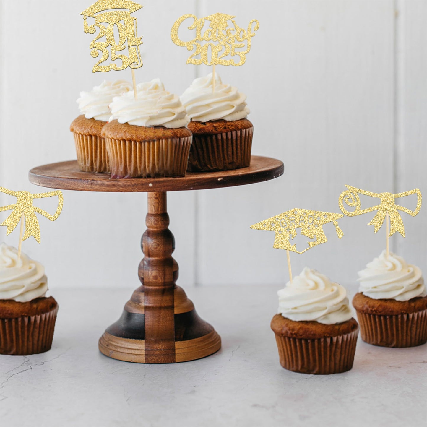 Gyufise Graduation Cupcake Toppers - 24 Pcs Gold Glitter Class of 2025 Diploma Caps for Party Decorations