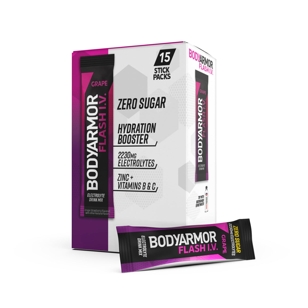 BODYARMOR Flash IV Electrolyte Packets, Grape - Zero Sugar Drink Mix, Single Serve Packs, Coconut Water Powder, Hydration for Wo