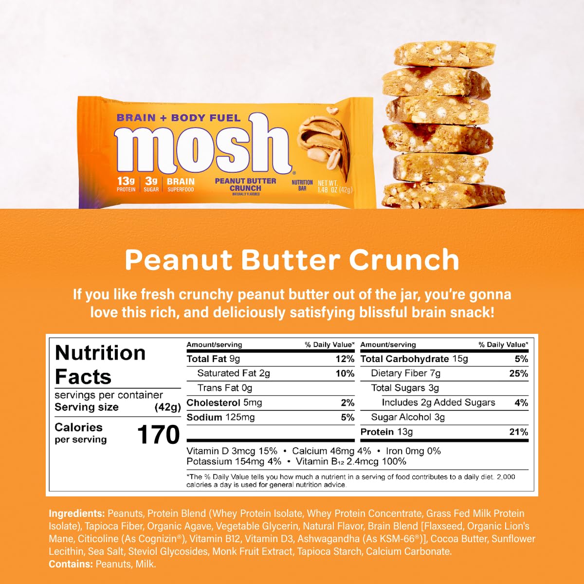 Mosh Peanut Butter Crunch Keto Protein Bars, High Fiber, Low Carb, Gluten Free, High Protein, Brain Healthy Snack, 12 Count
