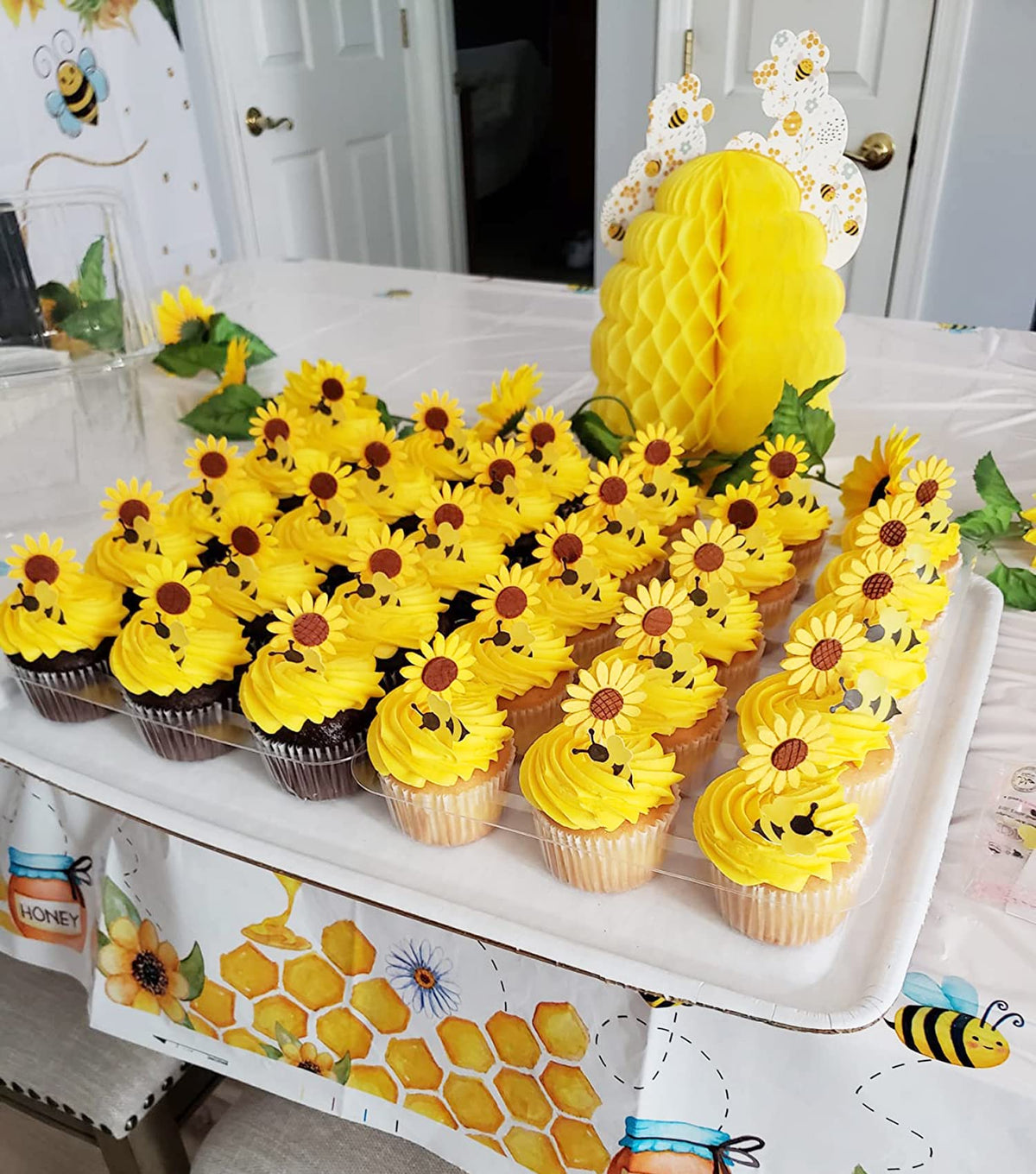 Honbay 24Pcs Cute Sunflower Cupcake Toppers Fruit Picks Cake Decorations