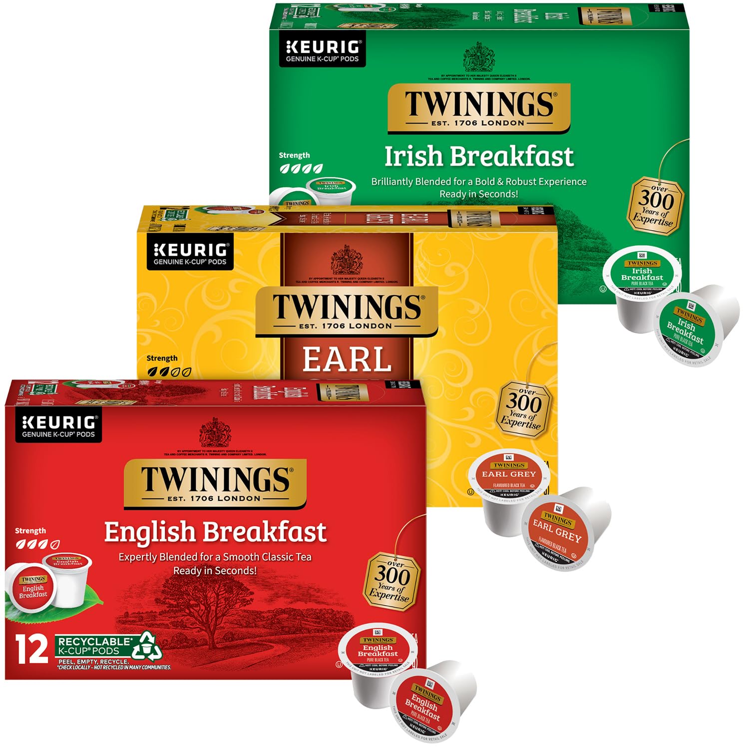 Twinings Black Tea K-Cup Pods For Keurig, Variety 3-Pack – Earl Grey, English Breakfast, And Irish Breakfast Tea K-Cups, Caffeinated, 12 Count Each