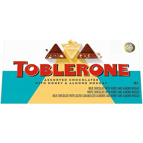 Toblerone Chocolate Gift Box (Milk Chocolate, White Chocolate, & Milk Chocolate With Salted Caramelized Almonds Chocolate Bars), Valentines Day Chocolate Candy, 9 - 3.52 Oz Bars