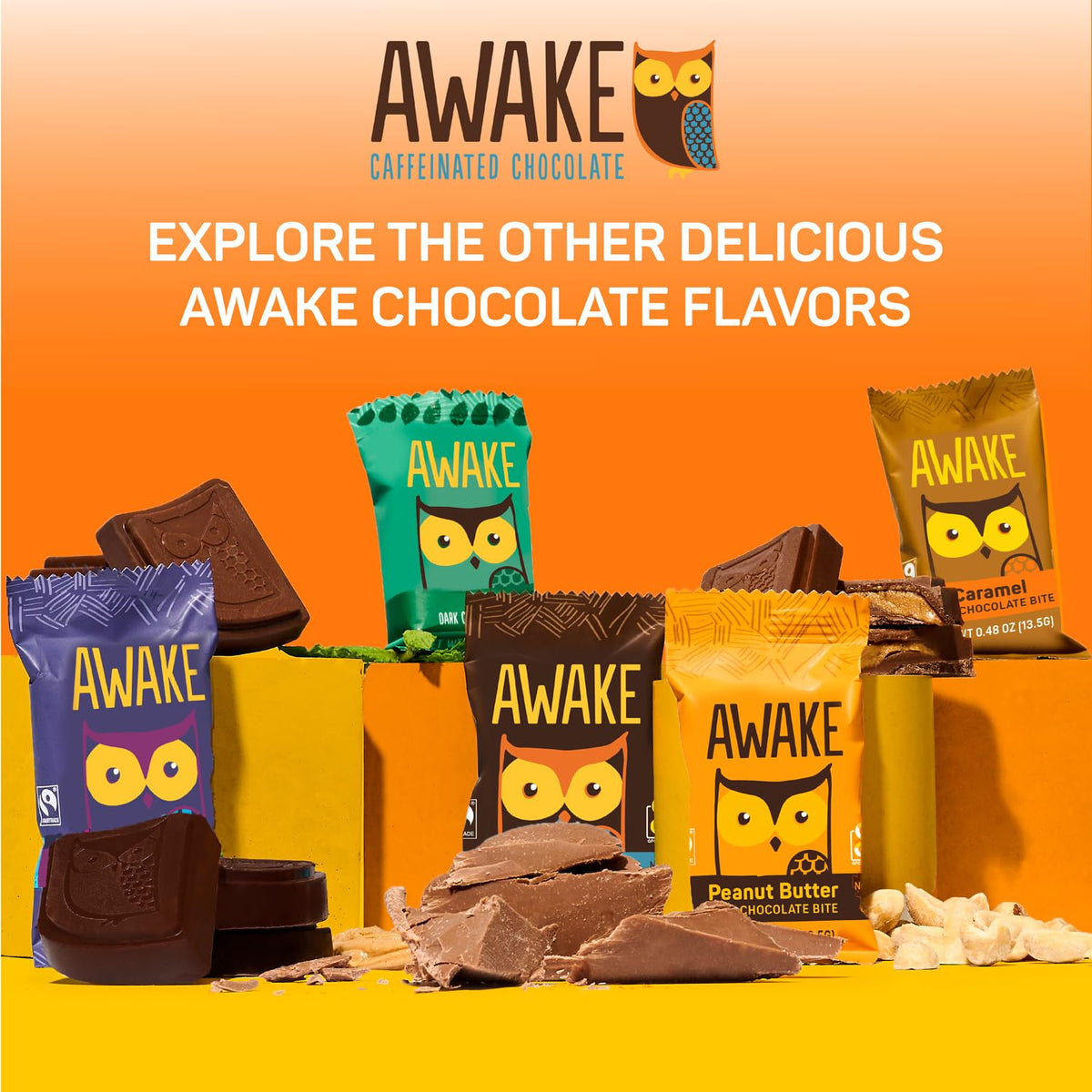 Awake - Caffeinated Chocolate Bites - Caramel Milk Chocolate, 50 Bites - 50Mg Caffeine - Individually Wrapped Energy Bites - Coffee Alternative - Fairtrade, Gluten Free, Non Gmo - 0.48Oz
