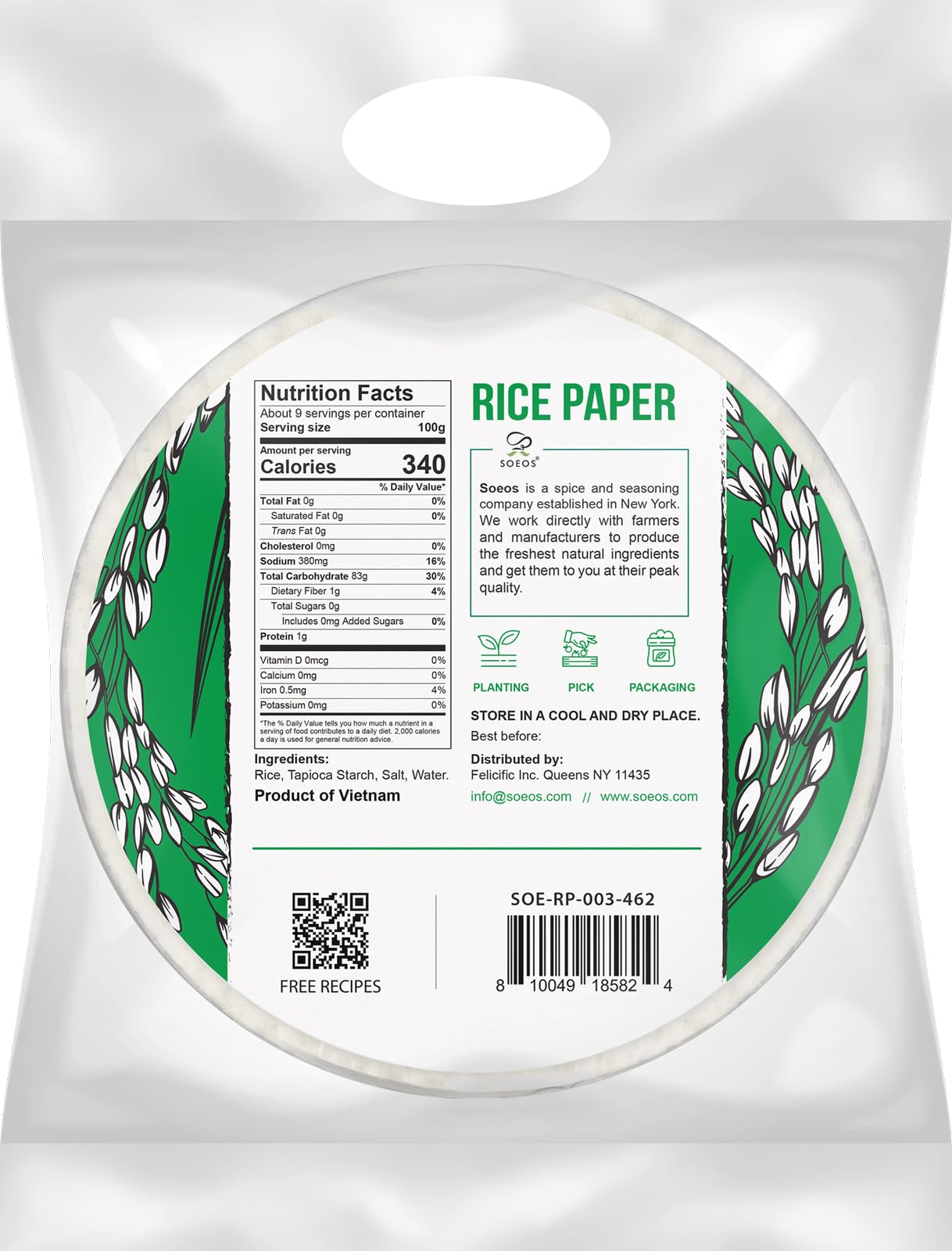 Soeos Rice Paper, White Rice Paper Wrappers, 3 Pack, 34 Sheets-Fresh Spring Roll Wrappers & Dumplings, Non-Gmo, Gluten-Free, Low Carb, Vietnamese Rice Wraps (Round, 22Cm)