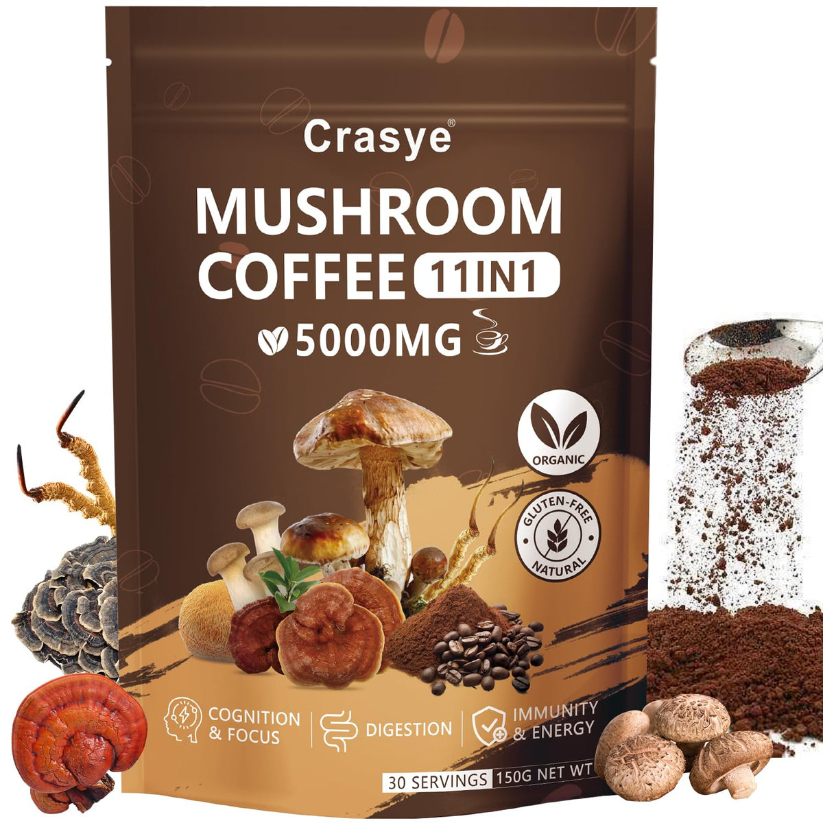Organic Mushroom Coffee 11 Superfood Instant Mushrooms Coffee With Ashwagandha  Shilajit  LionS Mane  Reishi  Chaga & Collagen Arabica Coffe Powder Ground For Focus  Energy  Digestion And Immunity 5.3 Oz 30 Servings