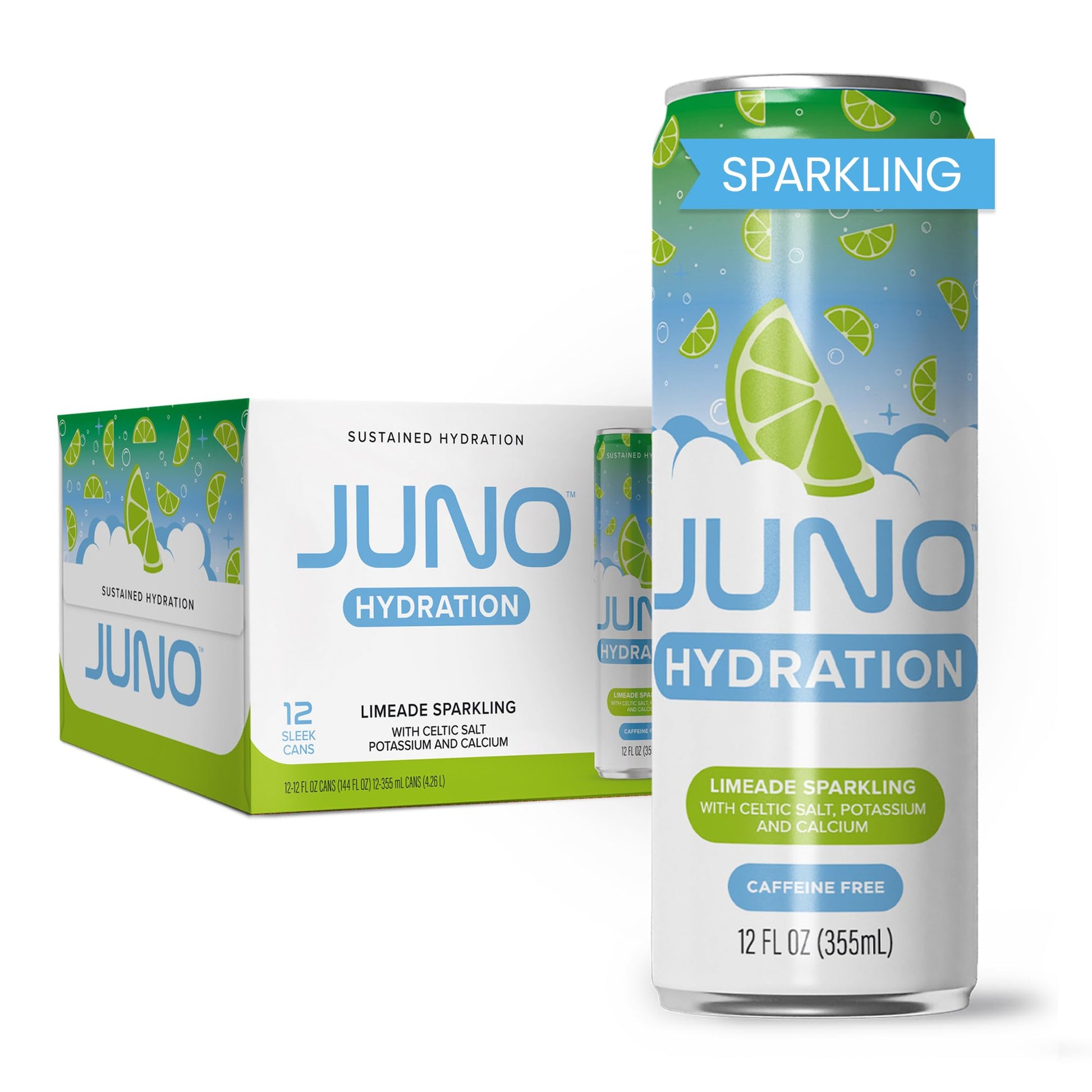 JUNO Hydration Drink Limeade Sparkling - Sugar Free Electrolytes, Organic Ingredients - 12 Pack