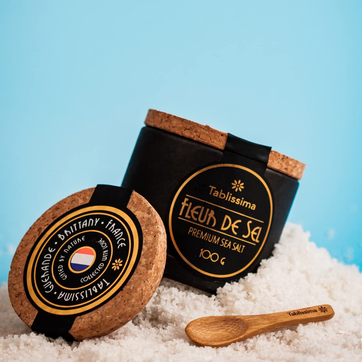 TABLISSIMA Fleur de Sel Premium Sea Salt, Flaky Sea Salt from Guerande, 3.5 oz, White, Includes Cork Box & Wooden Spoon