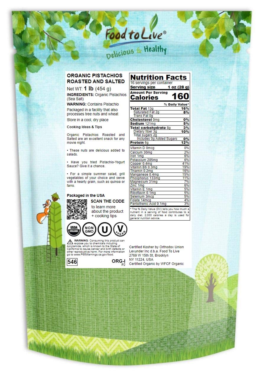 Food to Live Organic Pistachios, 1 Pound In Shell, Dry Roasted with Sea Salt, Non-GMO, Kosher, Vegan, Bulk