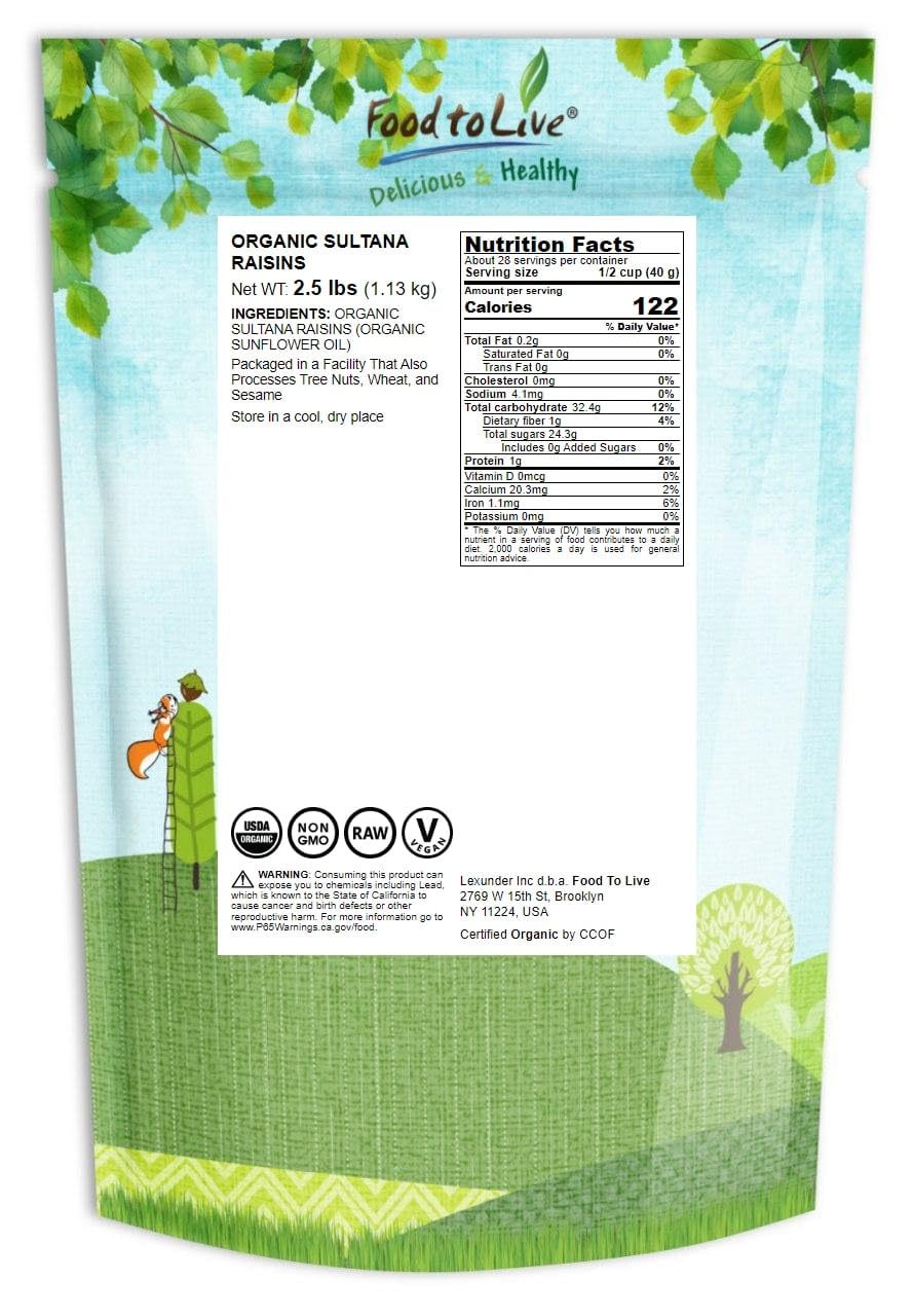 Food To Live Organic Sultana Raisins, 2.5 Pounds - Non-Gmo, Unsweetened, Unsulfured, Lightly Coated With Organic Sunflower Oil,