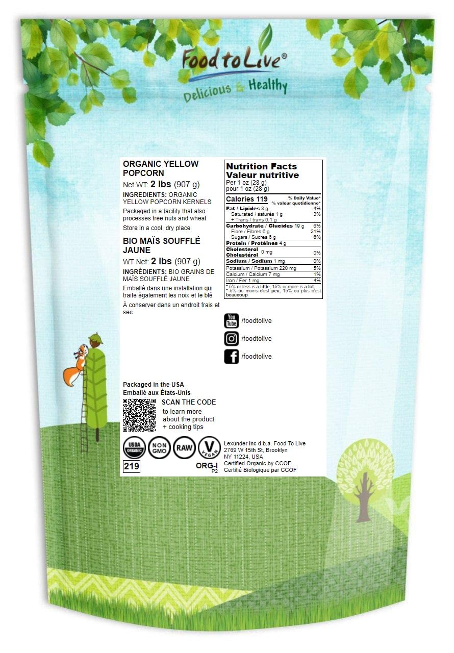 Food to Live Organic Yellow Popcorn - Non-GMO, 100% Whole Grain, 32 Ounce, Bulk Snack, No Additives, Theater-Quality
