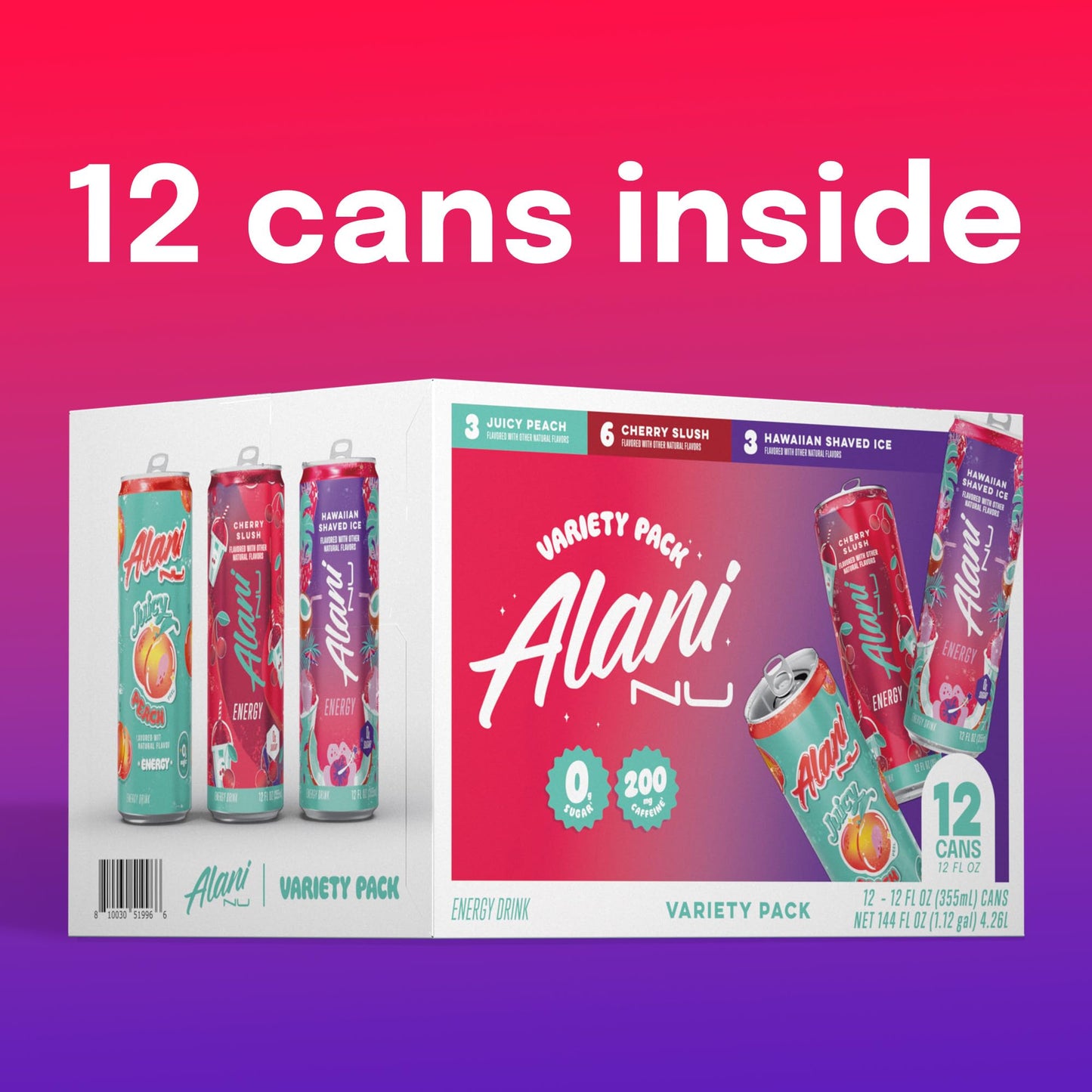 Alani Nu Energy Drink Variety Pack - Cherry Slush, Juicy Peach, Hawaiian Shaved Ice, Sugar Free, 200mg Caffeine, 12 Fl Oz, 12 Pack