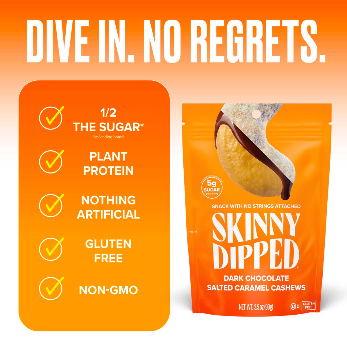 Skinnydipped Dark Chocolate Salted Caramel Cashews, Healthy Snack, Plant Protein, Gluten Free, 3.5 Oz Resealable Bags, Pack Of 1