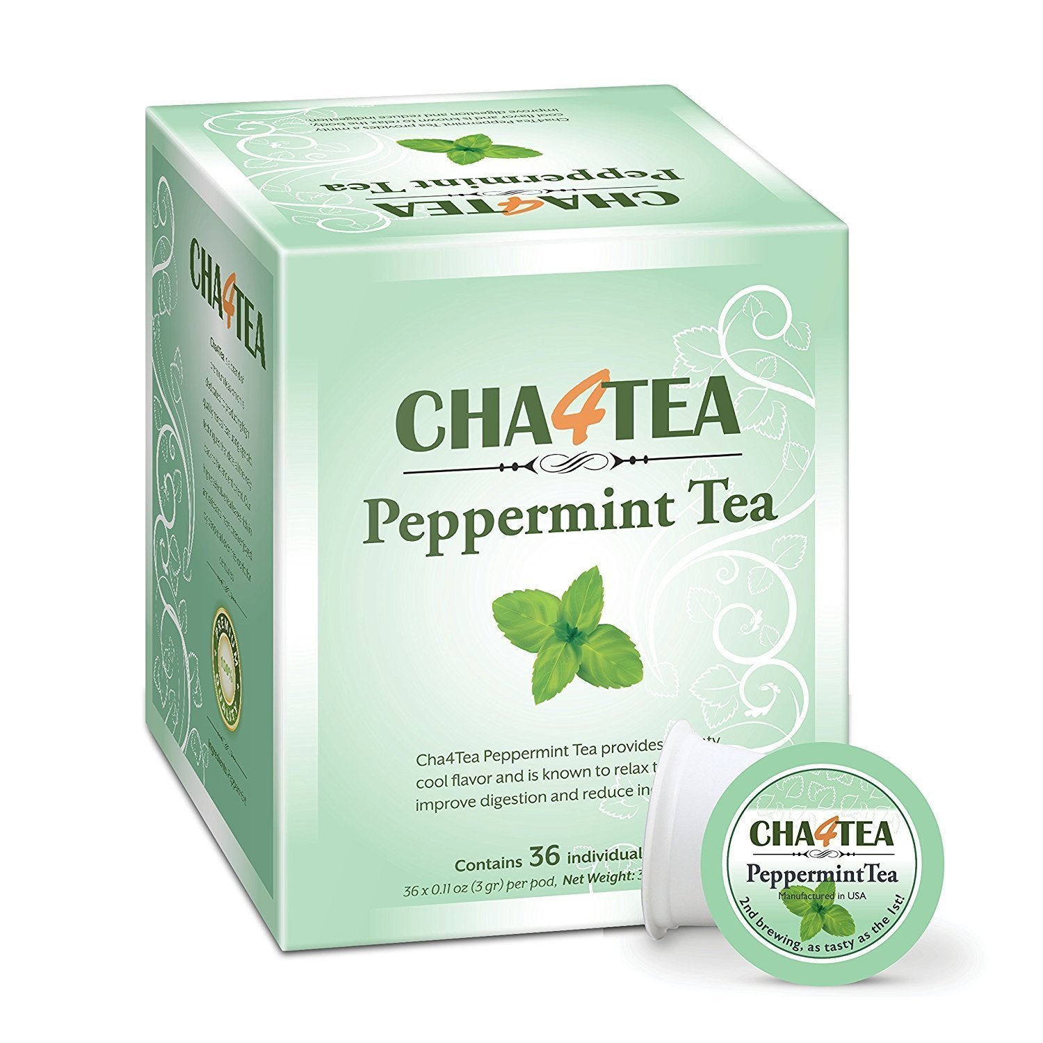 Cha4TEA Peppermint Tea Pods for Keurig K-Cup Brewers, 36 Count, Model TE-006-1
