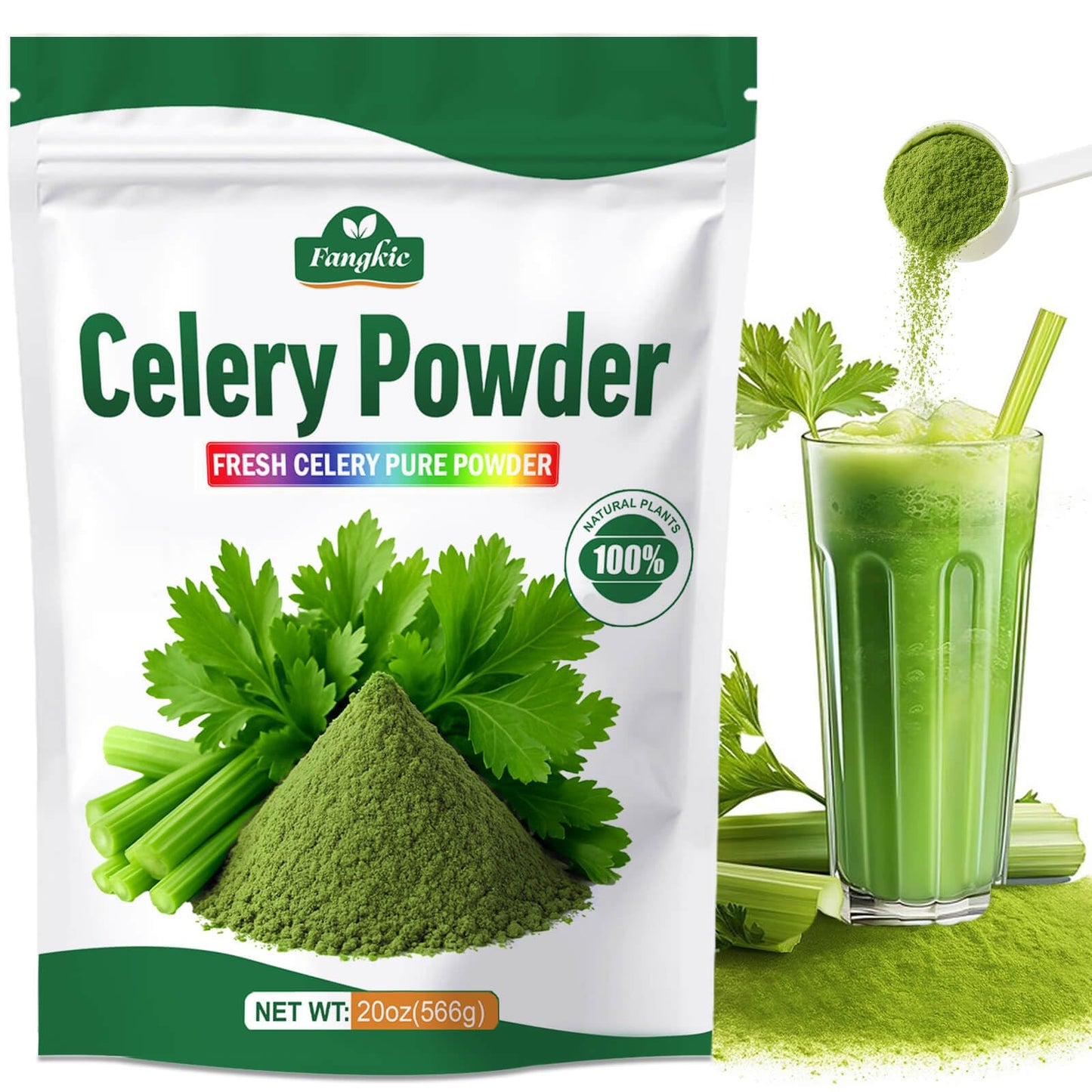 Fangkic Pure Celery Powder 20 oz  Fresh Celery Juice Powder for Drink  1.25 lb / 70 Servings per Pack with a Spoon  100% Natural  Vegan  Gluten Free  UltraFine Cold Pressed  for Baking  Smoothie  Cooking