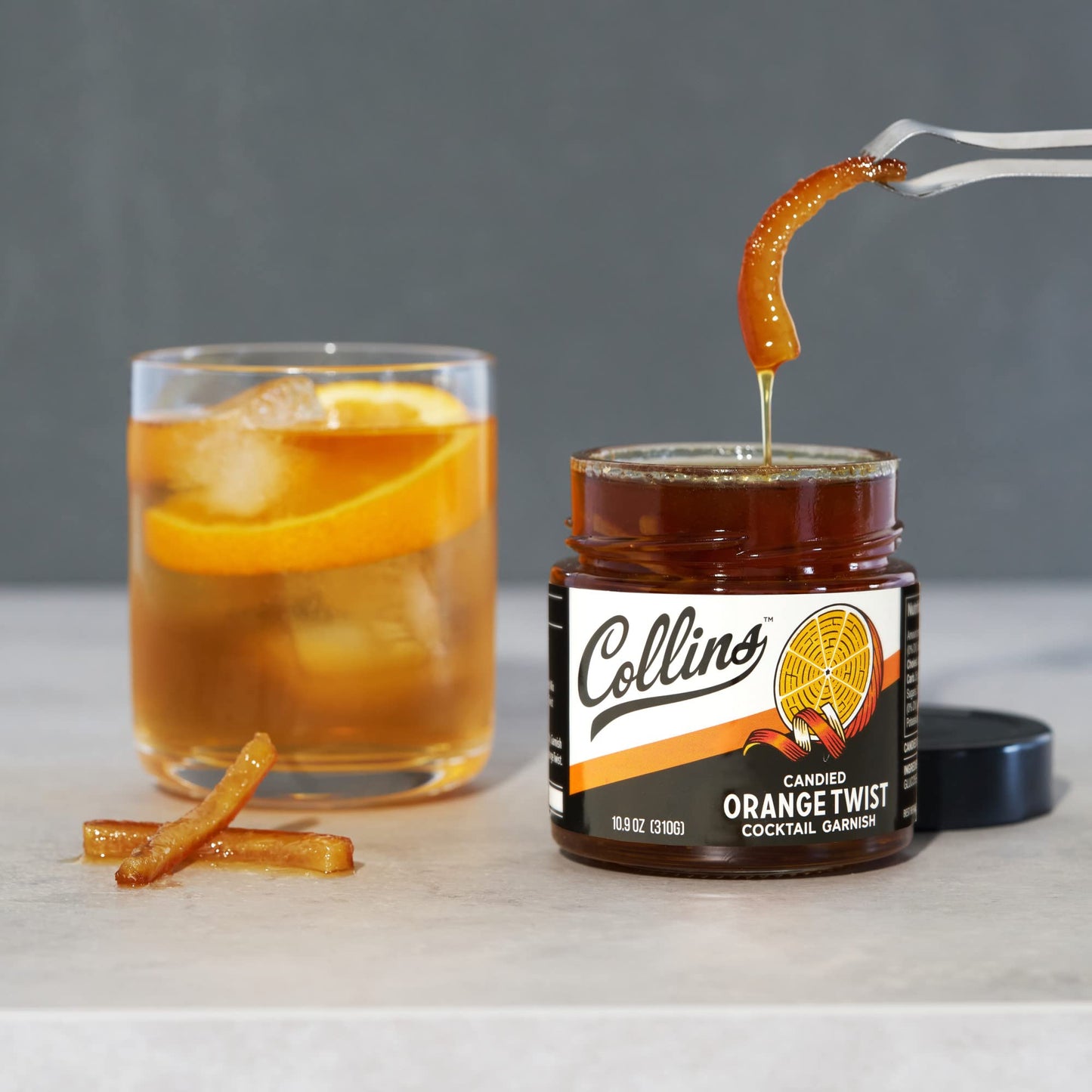 Collins Candied Fruit Orange Peel Twist In Syrup - Popular Cocktail Garnish For Skinny Margarita, Martini, Mojito, Old Fashioned Drinks, Peel For Baking, 10Oz