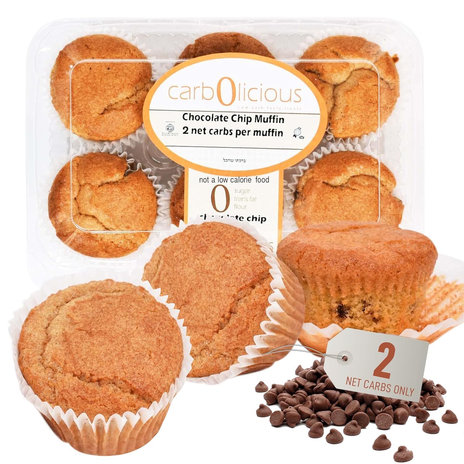 Low Carb Chocolate Chip Muffins 12 Pcs (2 Pack) By Carb-O-Licious - Delicious Keto Mini Muffins Only 2 Net Carbs  9G Protein - Sugar Free Cupcake Style Healthy Snack Made  Almond Flour  Low-Carb Treat