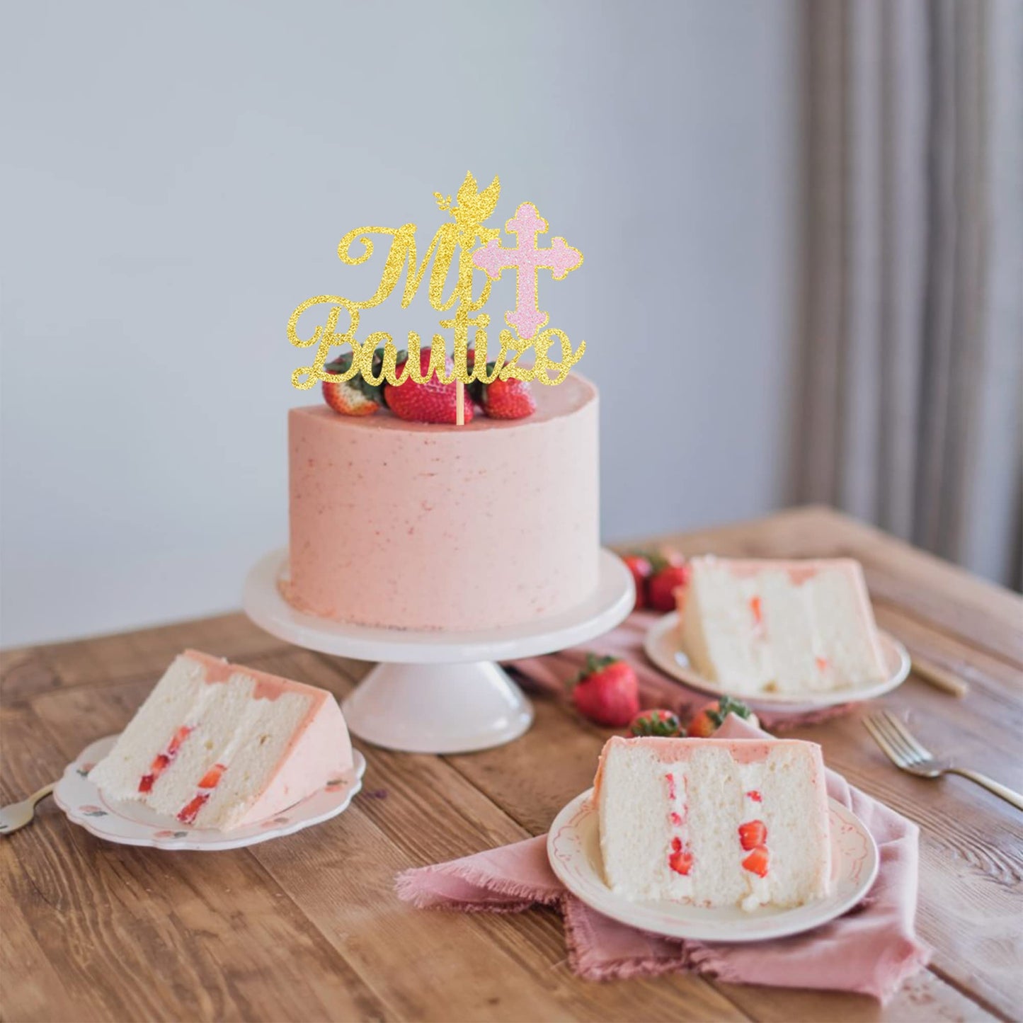 ZHUOWEISM Spanish Mi Bautizo Cake Topper, Glitter Pink Cross, Dove Design, Small, Bamboo, Gold