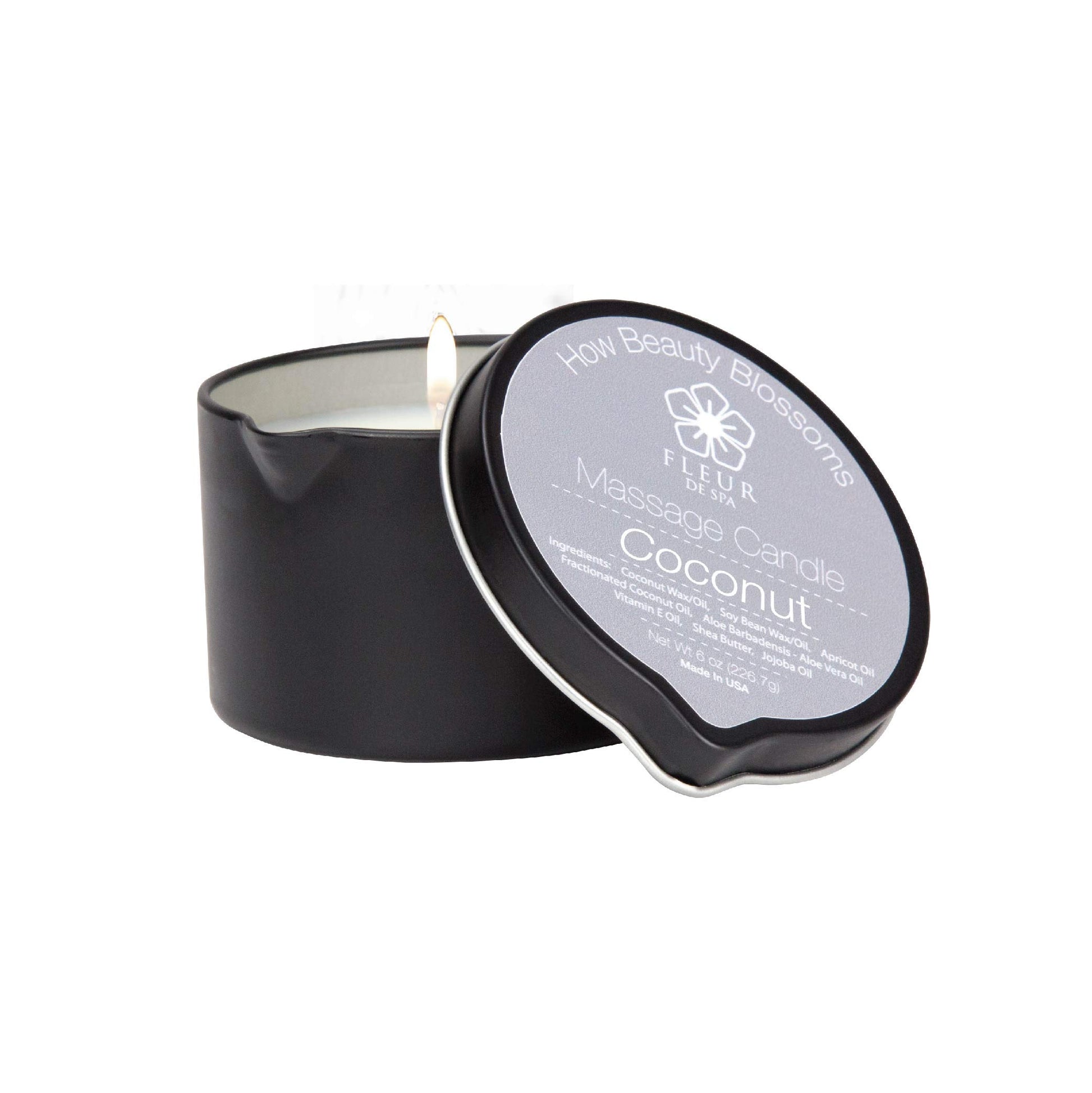 Massage Oil Candle By Fleur De Spa - All Natural - 6Oz With Pour Spout Made In Usa (Coconut)