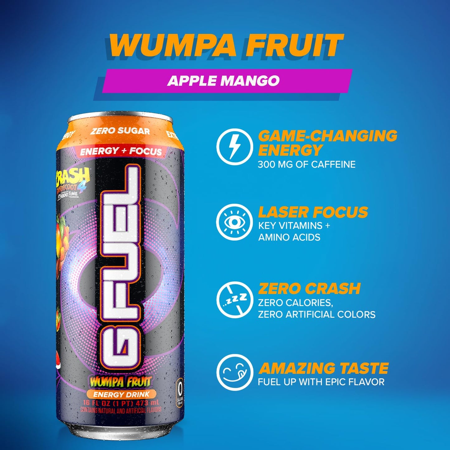 G Fuel Crash Bandicoot Energy Drink, Sugar Free, 300 mg Caffeine, Wumpa Fruit Flavor, 16 Fl Oz, Pack of 12, Yellow