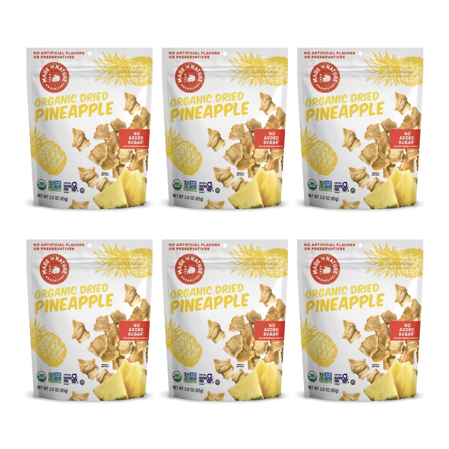 Made In Nature Organic Dried Pineapples, 3 Ounce (Pack of 6) - Vegan Snack, Non-GMO, Unsulfured, Gluten Free, Kosher
