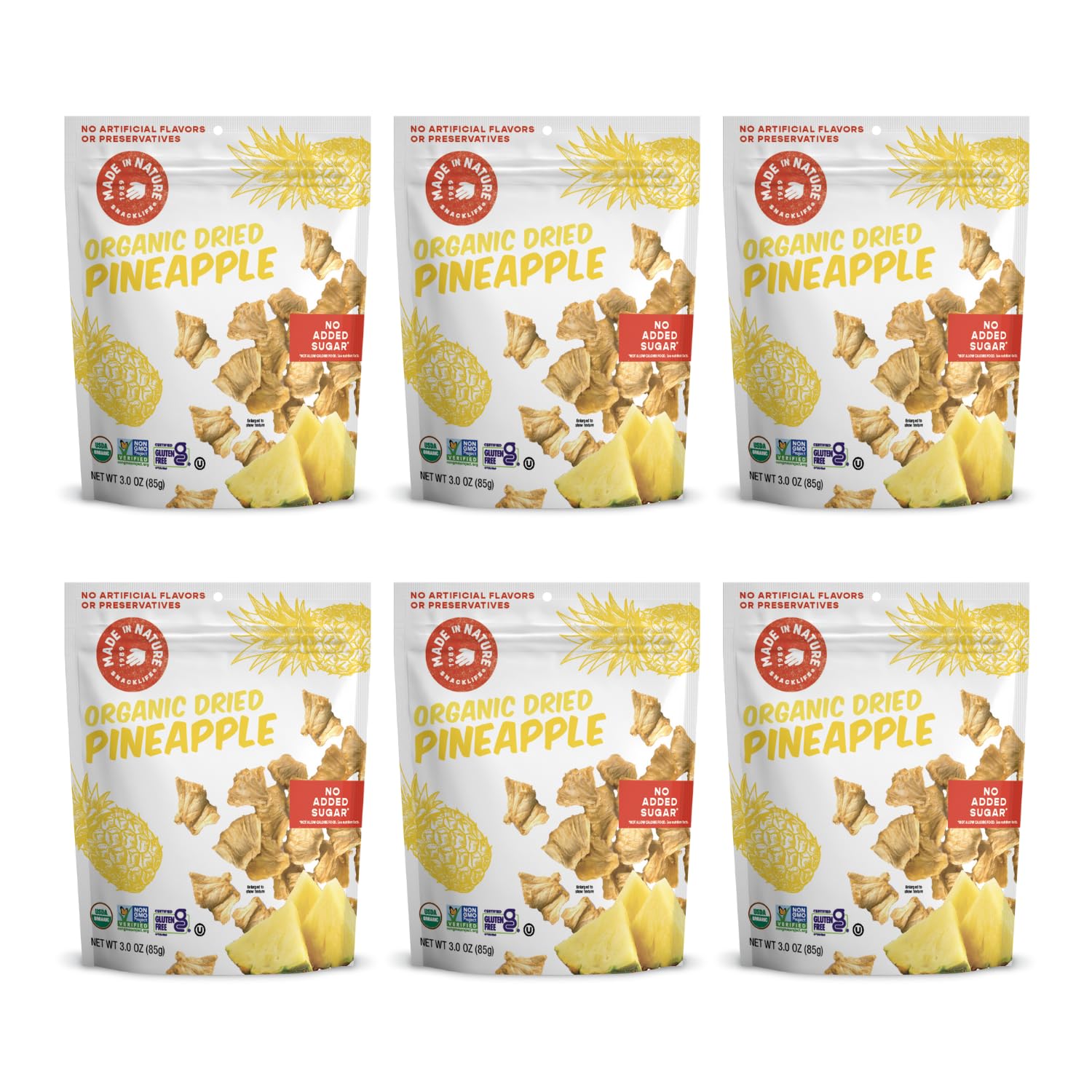 Made In Nature Organic Dried Pineapples, 3 Ounce (Pack of 6) - Vegan Snack, Non-GMO, Unsulfured, Gluten Free, Kosher
