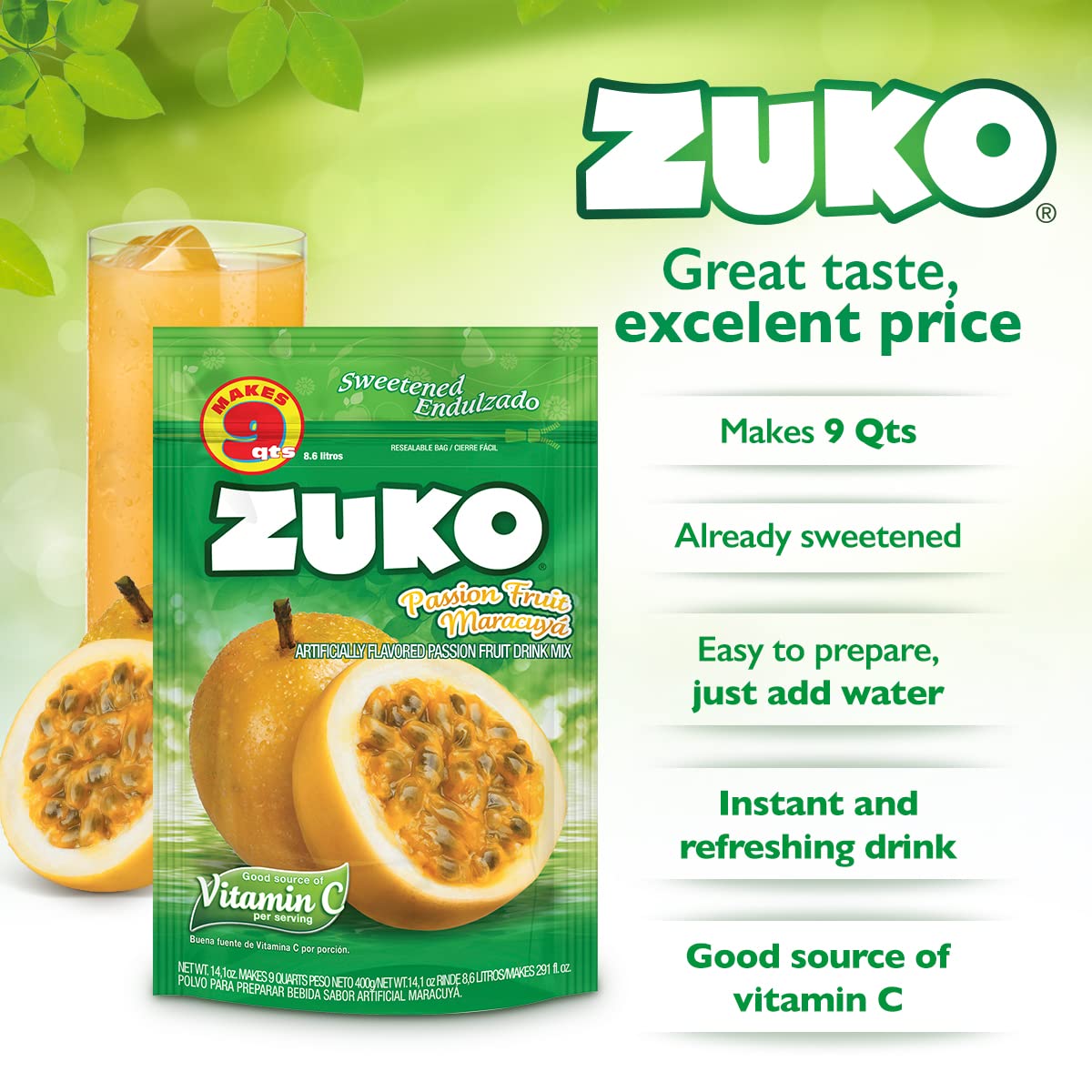 Zuko Passion Fruit Instant Powder Drink Family Pack, 14.1 Oz, Pack Of 6