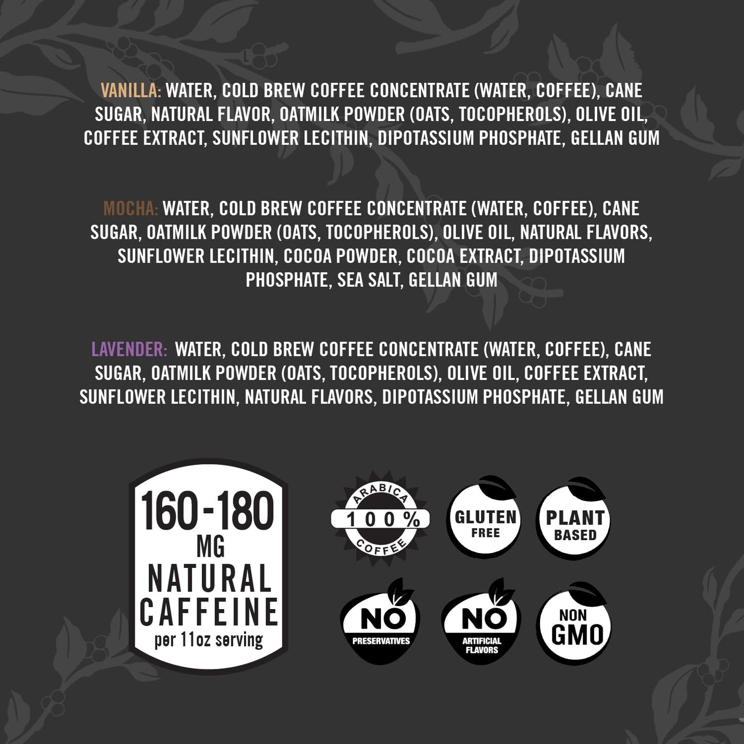 Great Lakes Coffee Roasting Co. Oat Milk Cold Brew Latte Variety Pack, Lavender, Vanilla, Mocha, 11 Fl Oz, Pack of 6
