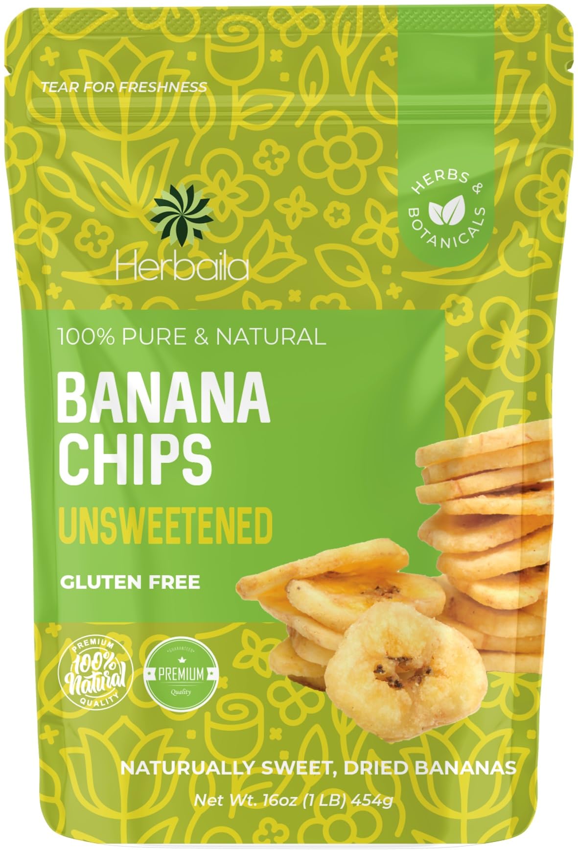 Herbaila Dried Banana Chips Unsweetened Bulk  1 Lb. Dried Bananas  Unsweetened Banana Chips  Dehydrated Bananas  Unsweetened Dried Banana Slices  Banana Crisps. All Natural  Non-Gmo  16 Oz.