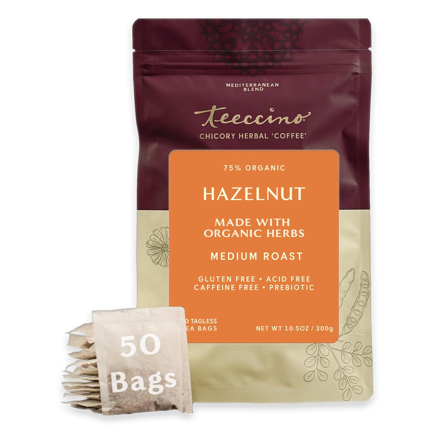 Teeccino Hazelnut Herbal Tea - Caffeine Free, Prebiotic, 50 Tagless Eco-Friendly Tea Bags
