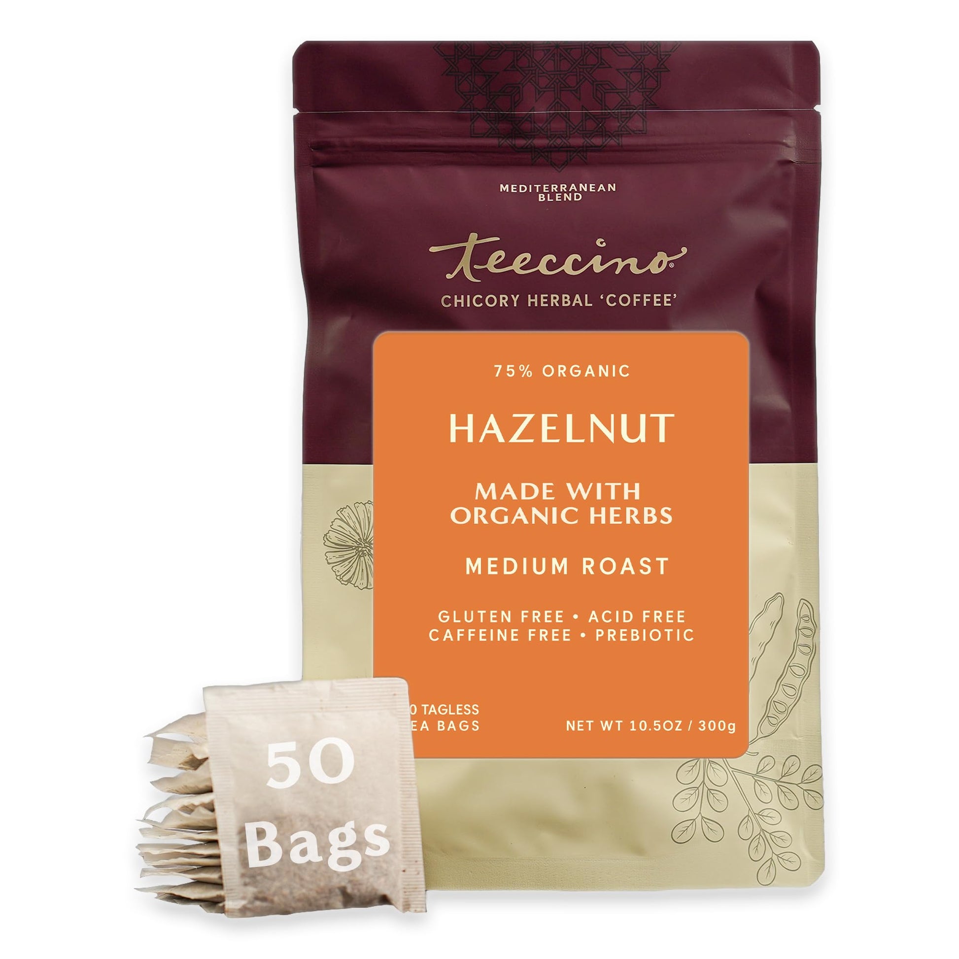 Teeccino Hazelnut Herbal Tea - Caffeine Free, Prebiotic, 50 Tagless Eco-Friendly Tea Bags