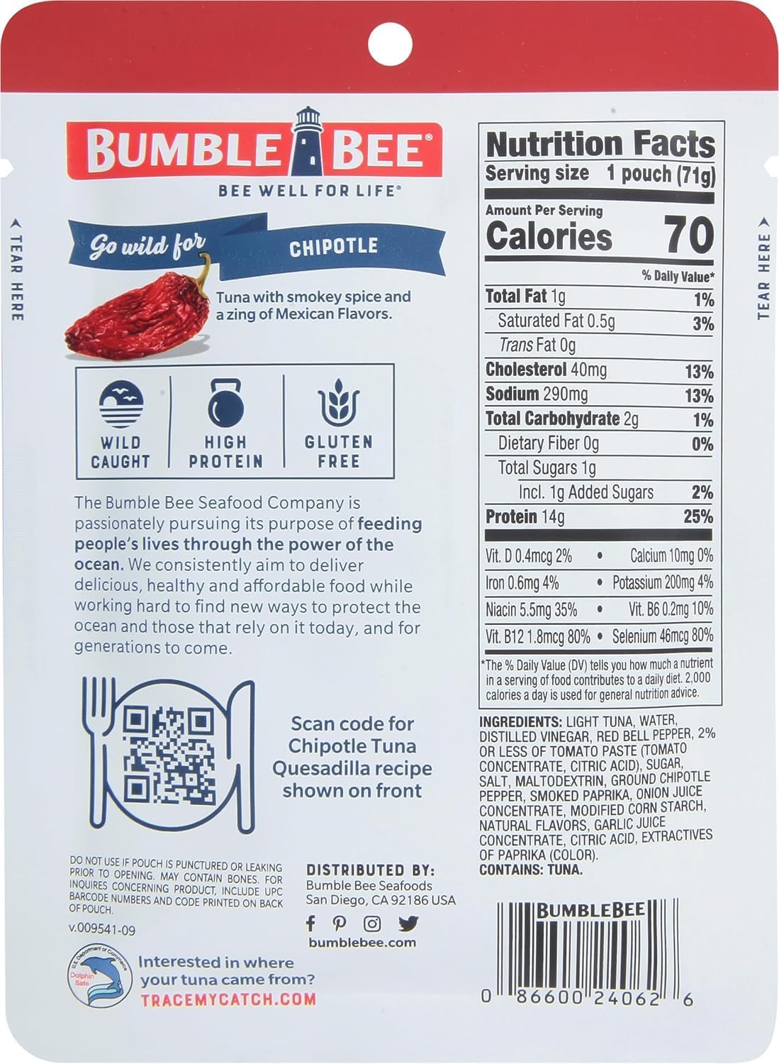 Bumble Bee Chipotle Seasoned Tuna Pouches, 2.5 oz (Pack of 12) - Wild Caught, 14g Protein, Gluten Free