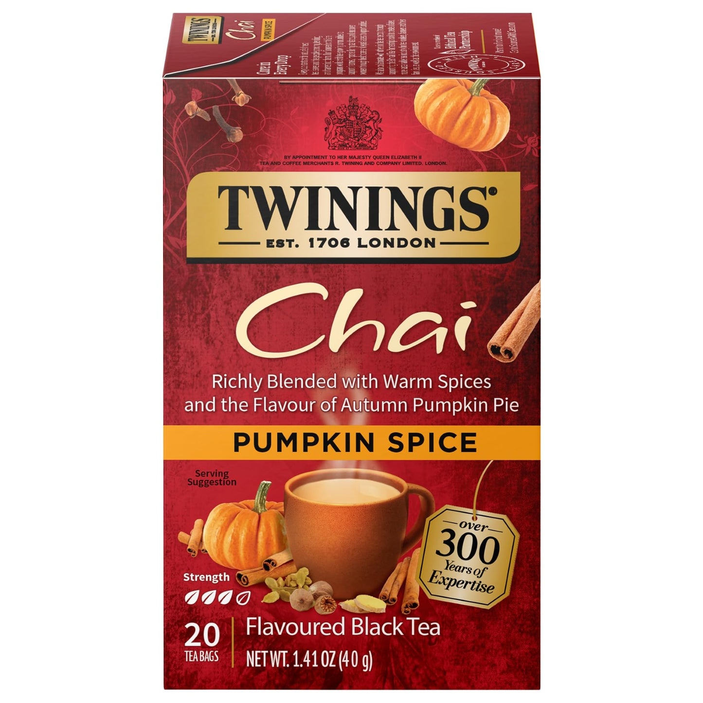 Twinings Pumpkin Spice Chai Black Tea Individually Wrapped Bags, 20 Count (Pack of 6), Warm, Spicy & Aromatic, Caffeinated, Enjo