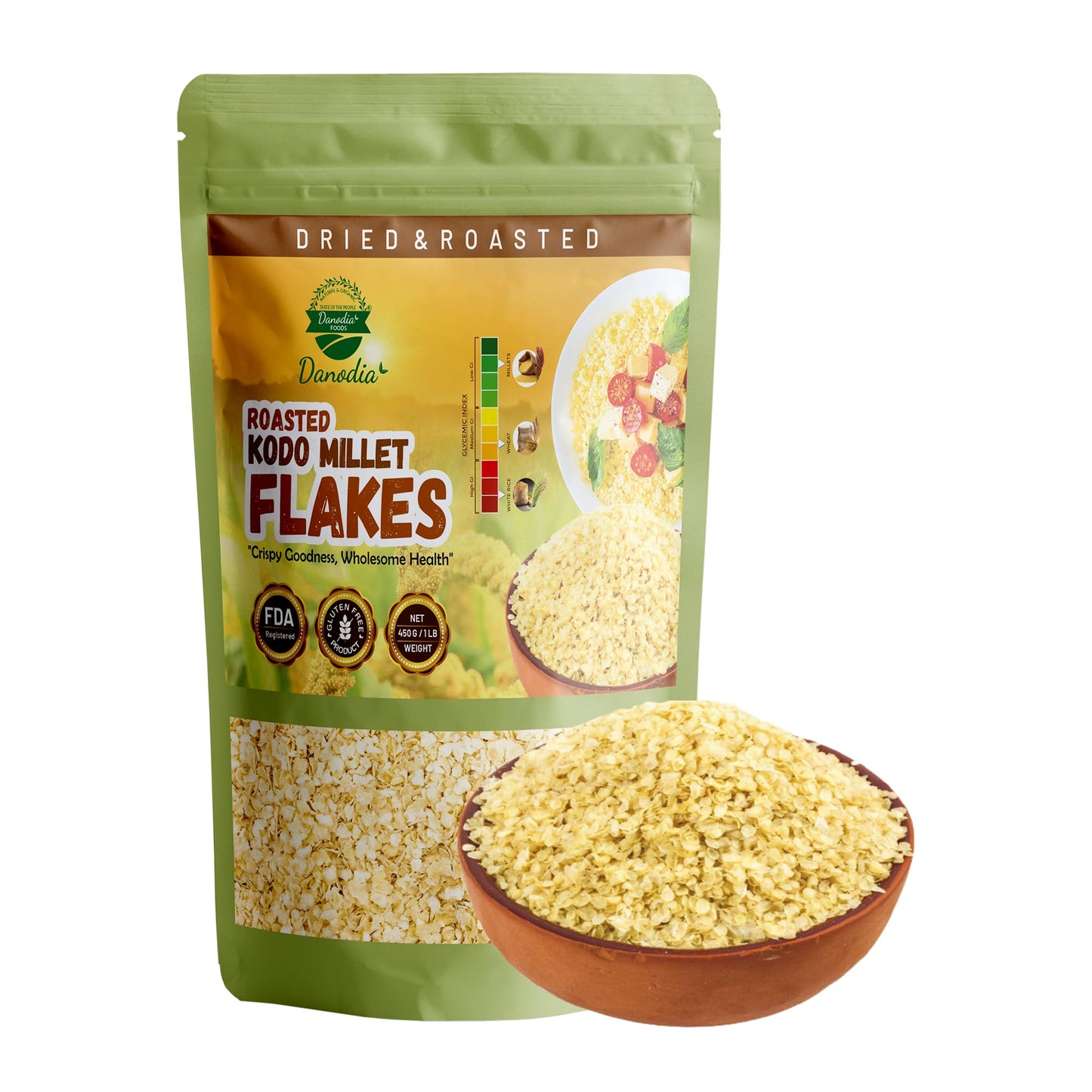Danodia Foods Kodo Millet Flakes (450g/17oz) | Roasted & Ready-to-Eat | Wholesome Breakfast Cereal | Ideal for Porridge, Pudding