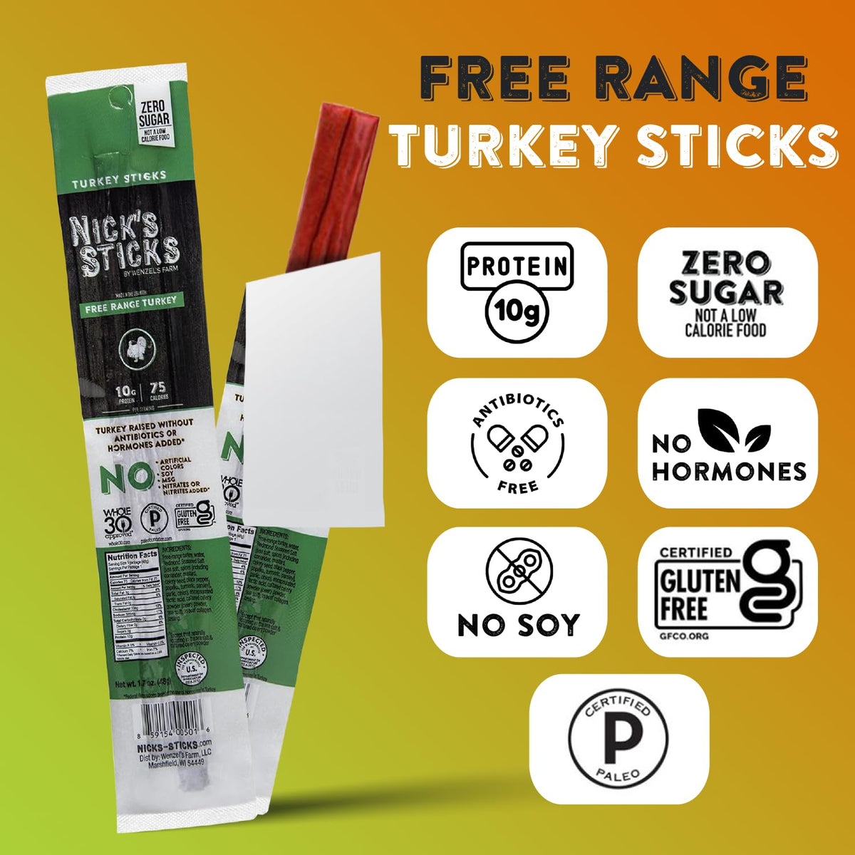 Nicks Sticks Clean & Balanced Free Range Turkey Snack Sticks | Made In The Usa | Gluten Free | Paleo | Keto | Whole30 Approved | No Soy,  S Or  S (12 – .9 Oz. Packs Of 1 Sticks)