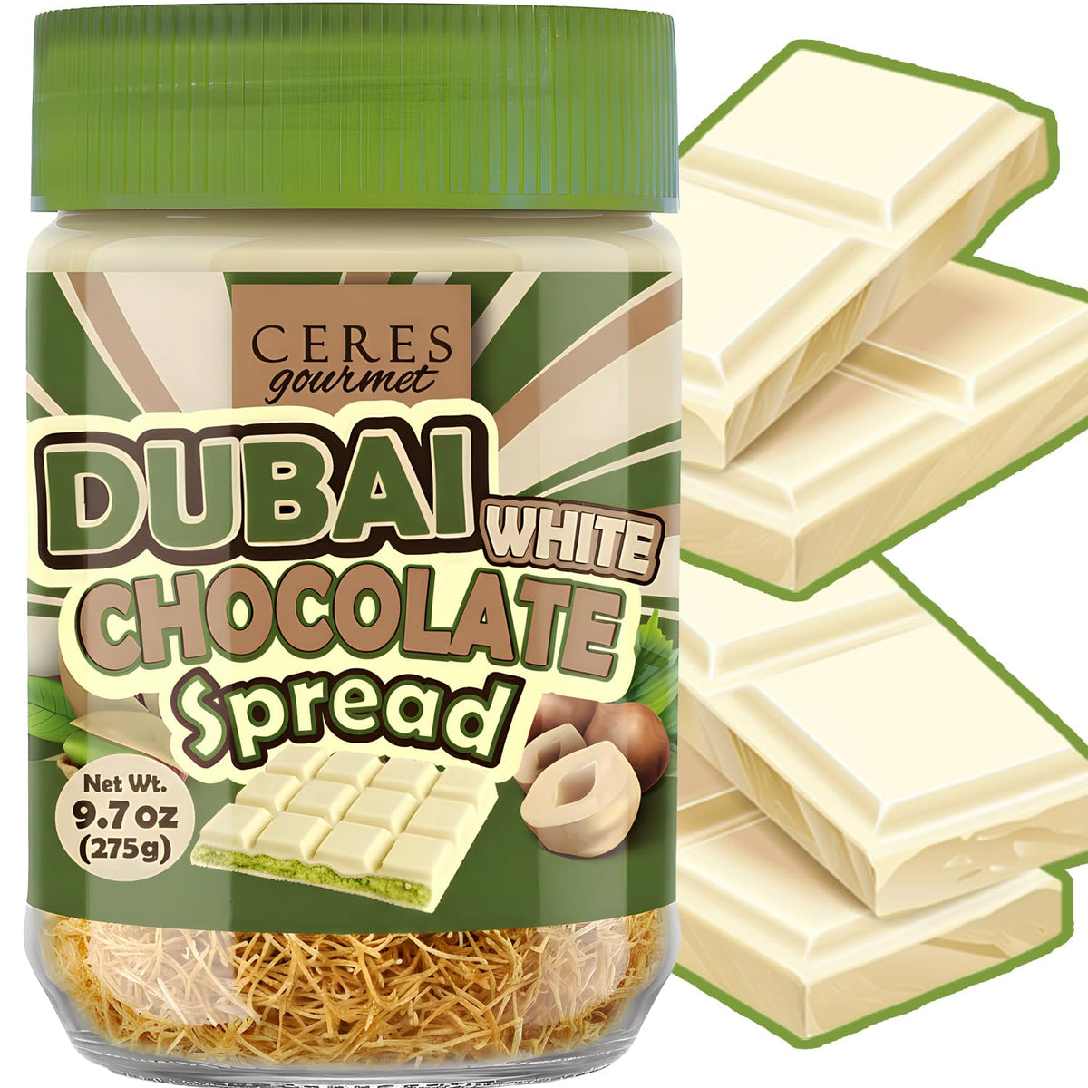 Dubai Spreadable White Chocolate - Pistachio Spread with Roasted Phyllo, Gourmet Breakfast Chocolate - 9.7 oz