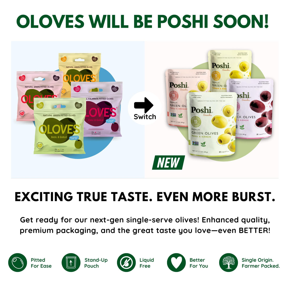 OLOVES + POSHI Combo Pack | Natural Whole Pitted Olives 4 Flavor Variety | Poshi 4 Flavor Variety | Vegan, Kosher, Gluten Free +