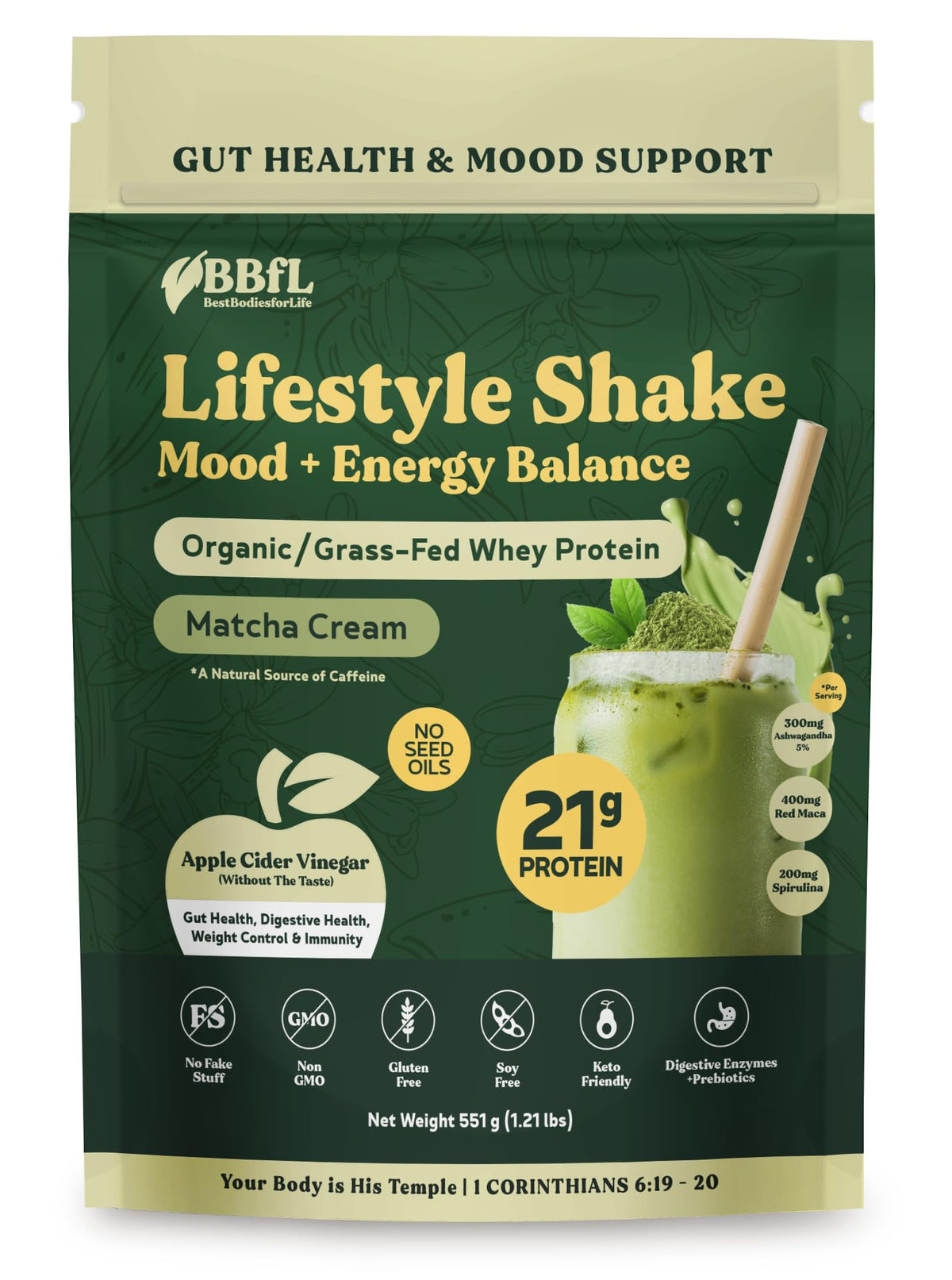 BBfL Grass-Fed Whey Protein Shake, 21g Protein, Matcha & Apple Cider Vinegar, Prebiotics, 15 Servings