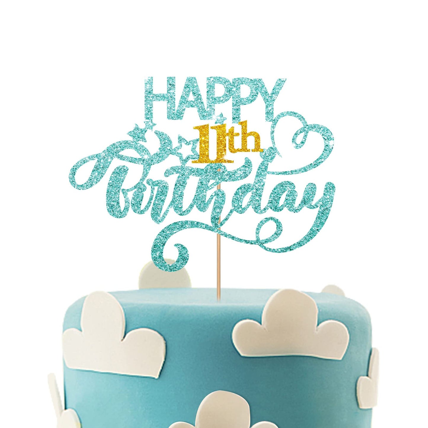 Sky Blue Glitter Happy 11Th Birthday Cake Topper, Eleven Years Old Birthday Party Cake Decor, Gold Number 11 Birthday Party Supp