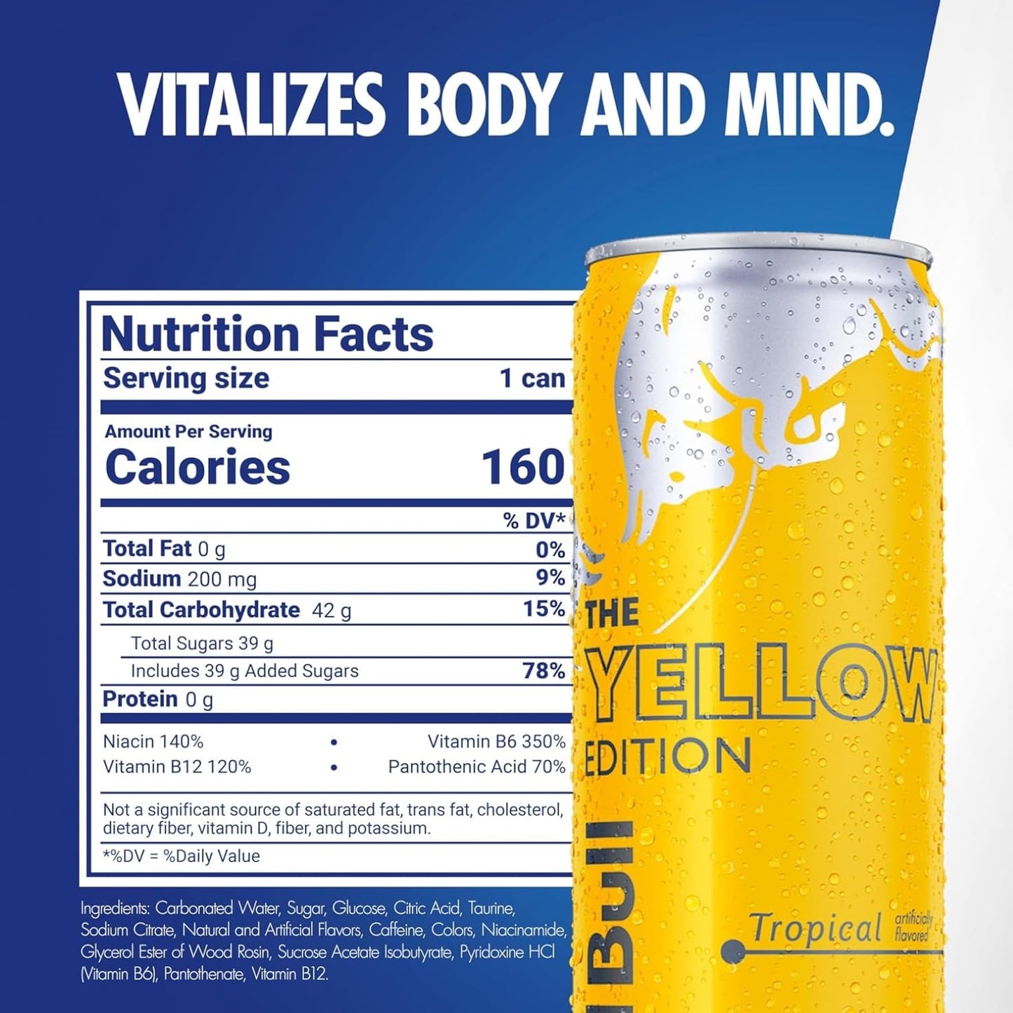 Red Bull Yellow Edition Energy Drink, Tropical Flavor, 114mg Caffeine, 12 Fl Oz, Pack of 24 (6 Packs of 4 Cans)