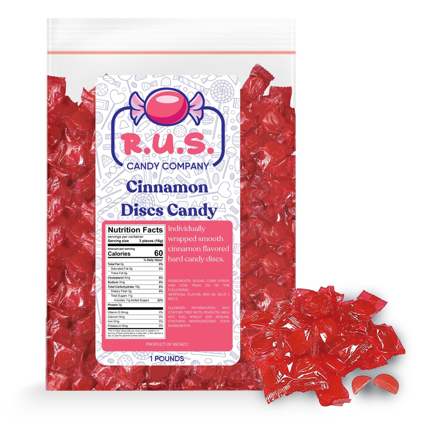 R.U.S. Candy Company Cinnamon Disc Candy - 1 Pound Bag - Spicy Hard Candy Perfect for Parties and Gift Giving (1 Pound, Cinnamon