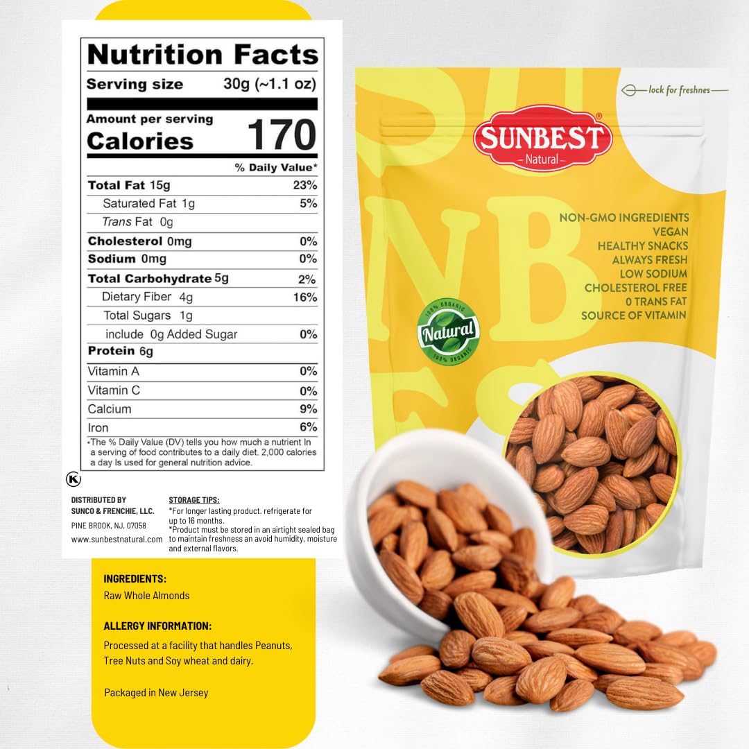 Sunbest Natural - Whole Raw Almonds - 80 oz (5 Lbs), Unroasted & Unsalted, Ideal for Snacking, Cooking & Baking | Kosher | Vegan