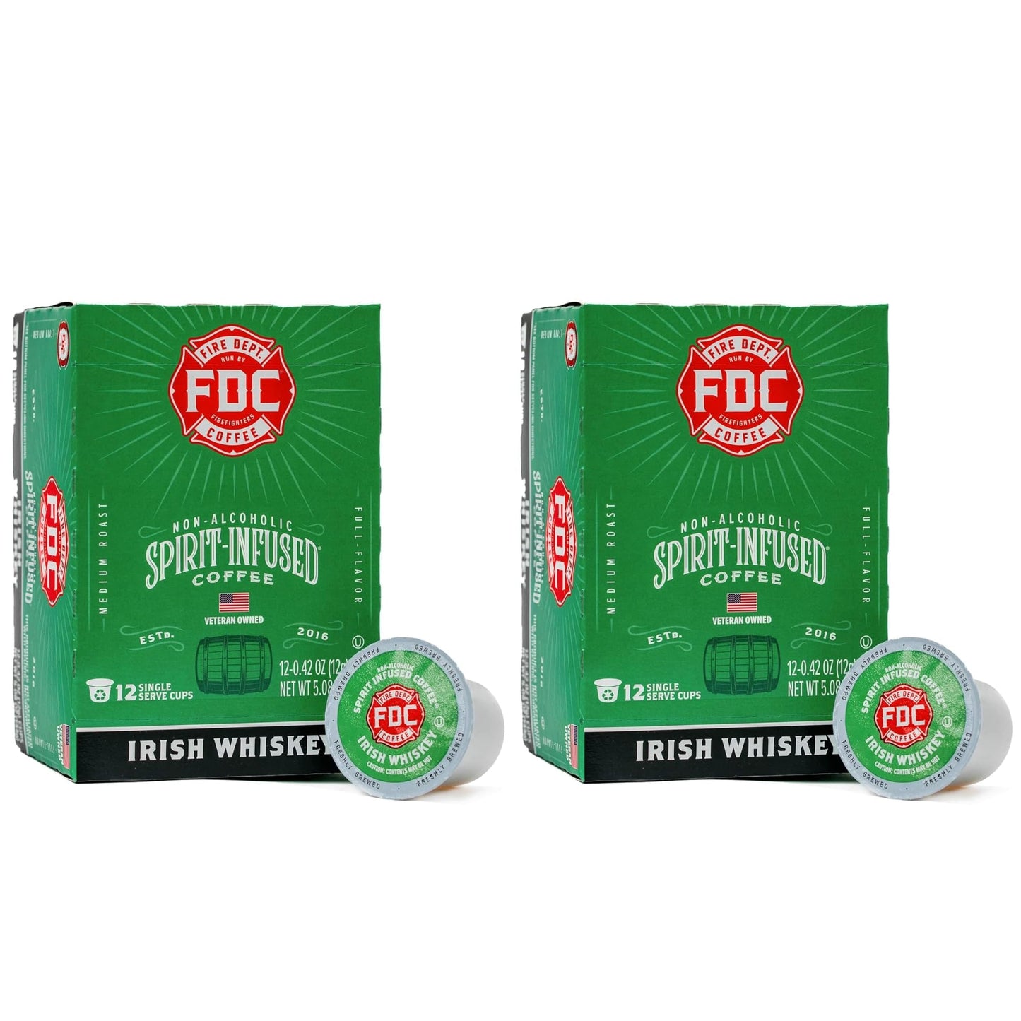 Fire Department Coffee Irish Whiskey Coffee K-Cups, Non-Alcoholic, 24 Pods, Veteran Owned, Roasted in the USA