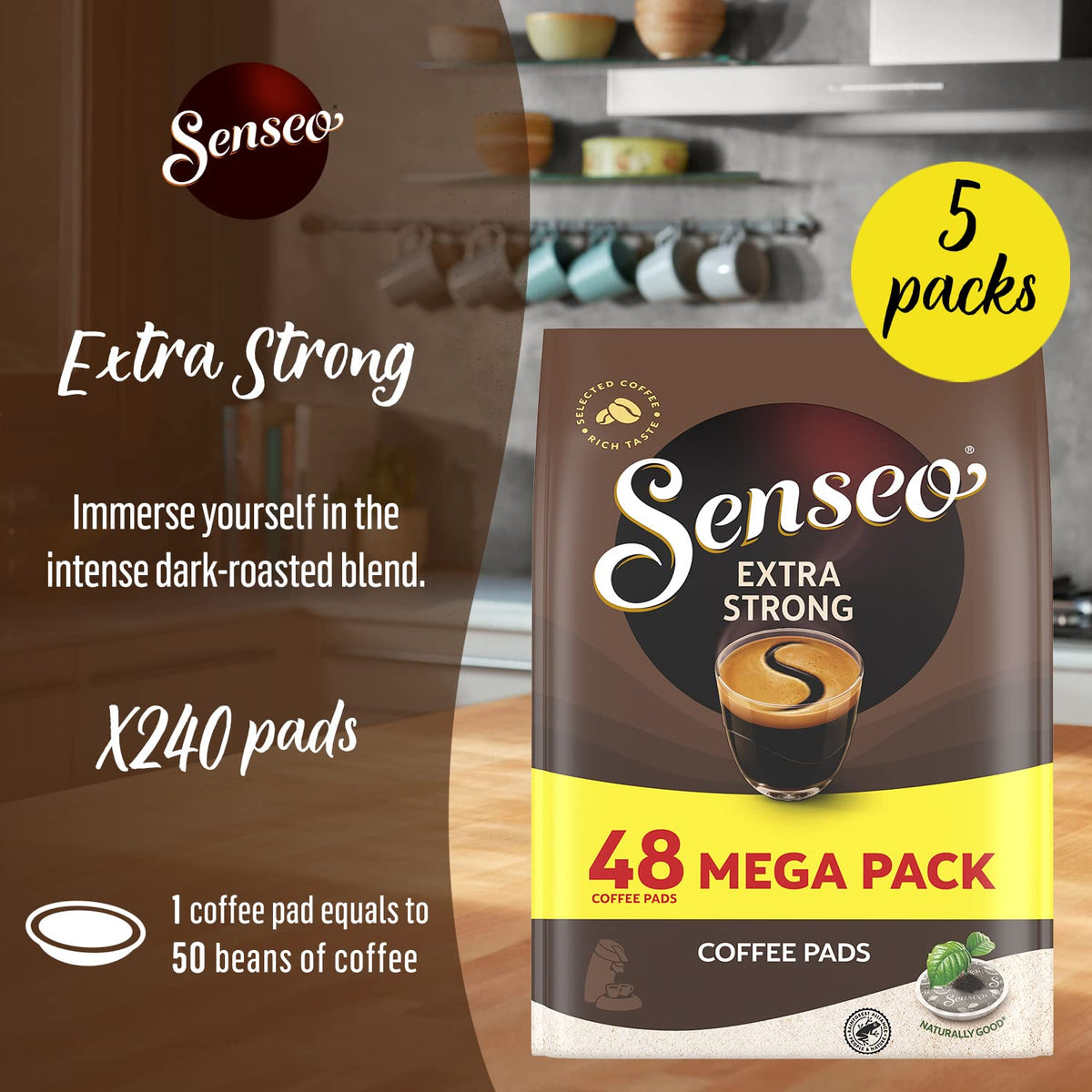 Senseo Extra Strong Coffee Pods - 48 Single Serve Pods per Bag, 5 Bags - Bulk Pack for Rich Flavor, 240 Total Pods