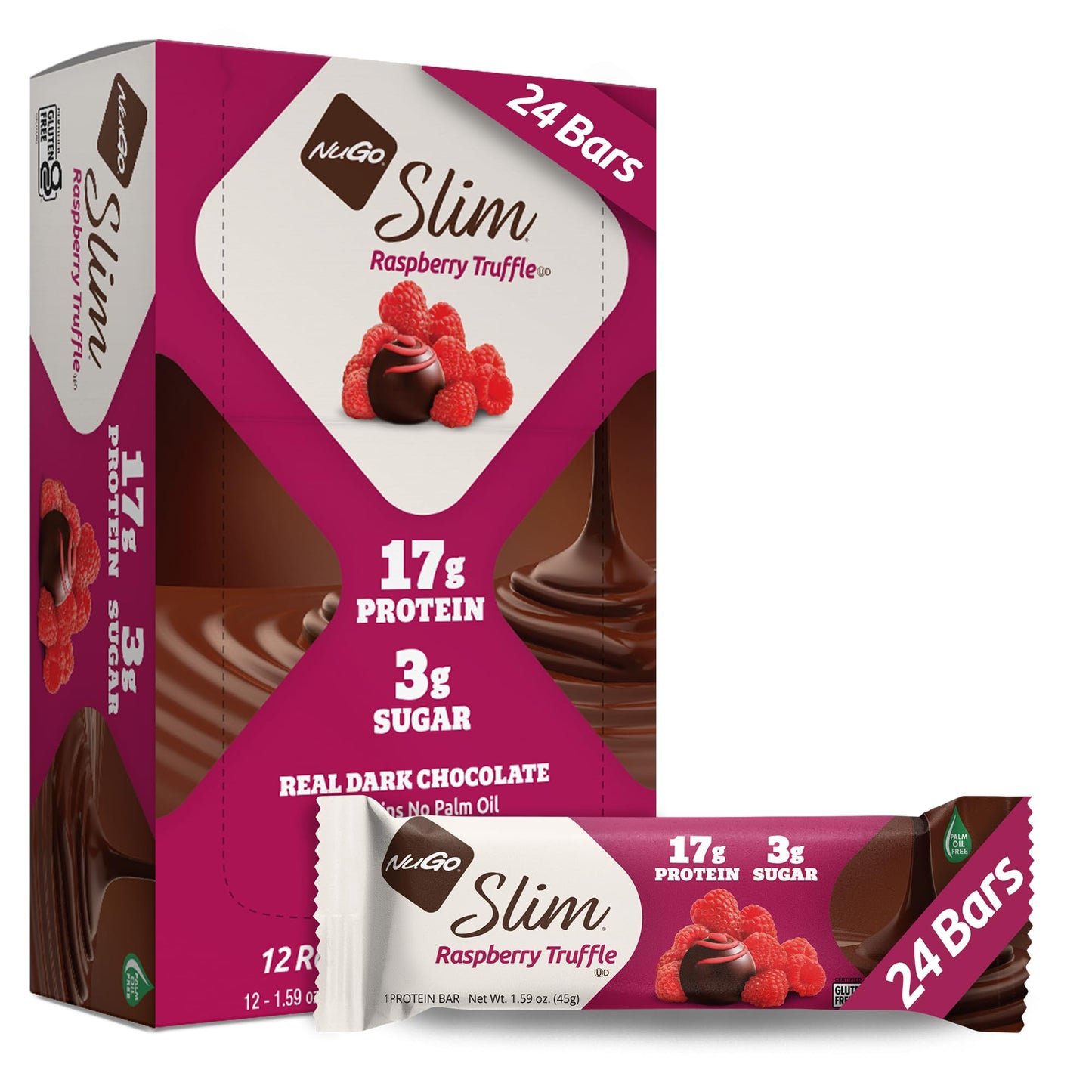 Nugo Slim Dark Chocolate Raspberry Truffle, 17G Protein, 2G Sugar, 7G Fiber, Low Net Carb, Keto Friendly, Gluten Free, 24 Count