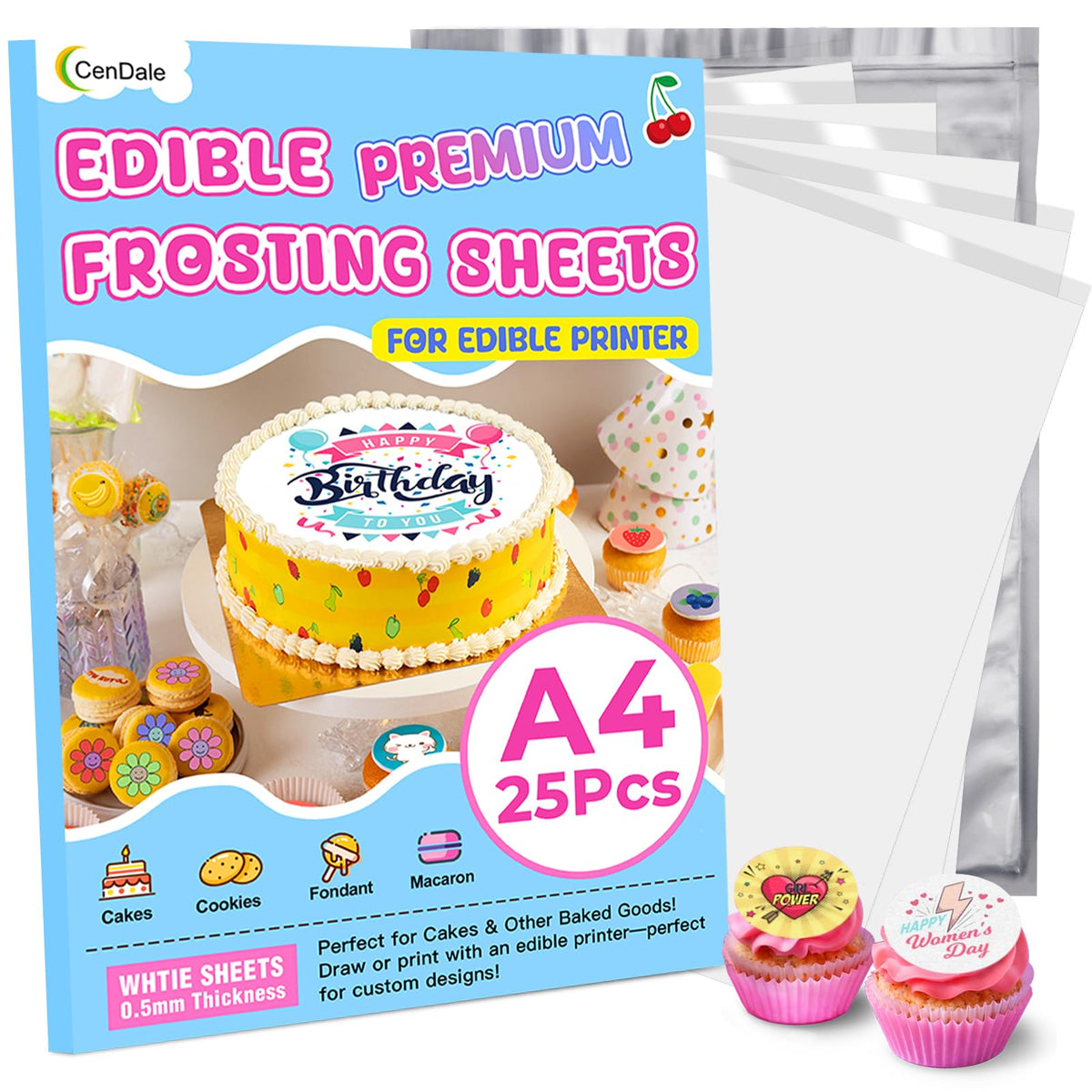 CenDale Edible Frosting Sheets - A4 25 pcs Sugar Sheets for Edible Printer, Icing Sheets Edible Paper for Cake Printable, Sugar 