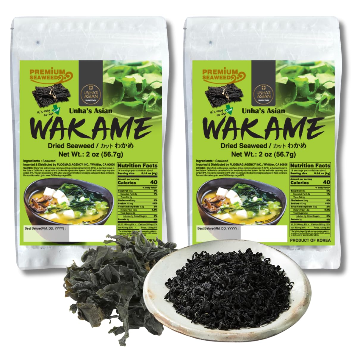 Korean Dried Wakame Seaweed Flakes, Pack of 2 (2 oz Each, 4 oz Total) - 100% Natural, No Additives, Quick Rehydrating - Miso Sou